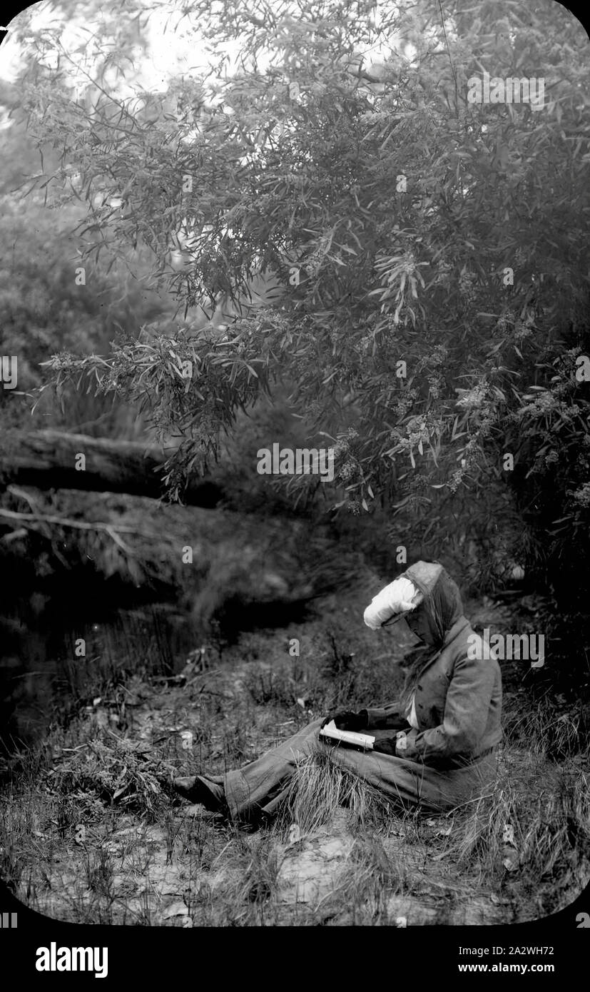 Diapositive - Amy Campbell, de l'Australie, 1956, image en noir et blanc d'Amy Campbell assis dans la brousse la lecture, photographiée par son mari, A.G. Campbell fils d'A.J. Campbell. Bien que nous ne savons pas précisément quand cette image a été prise, Amy a vécu jusqu'en 1956 Banque D'Images