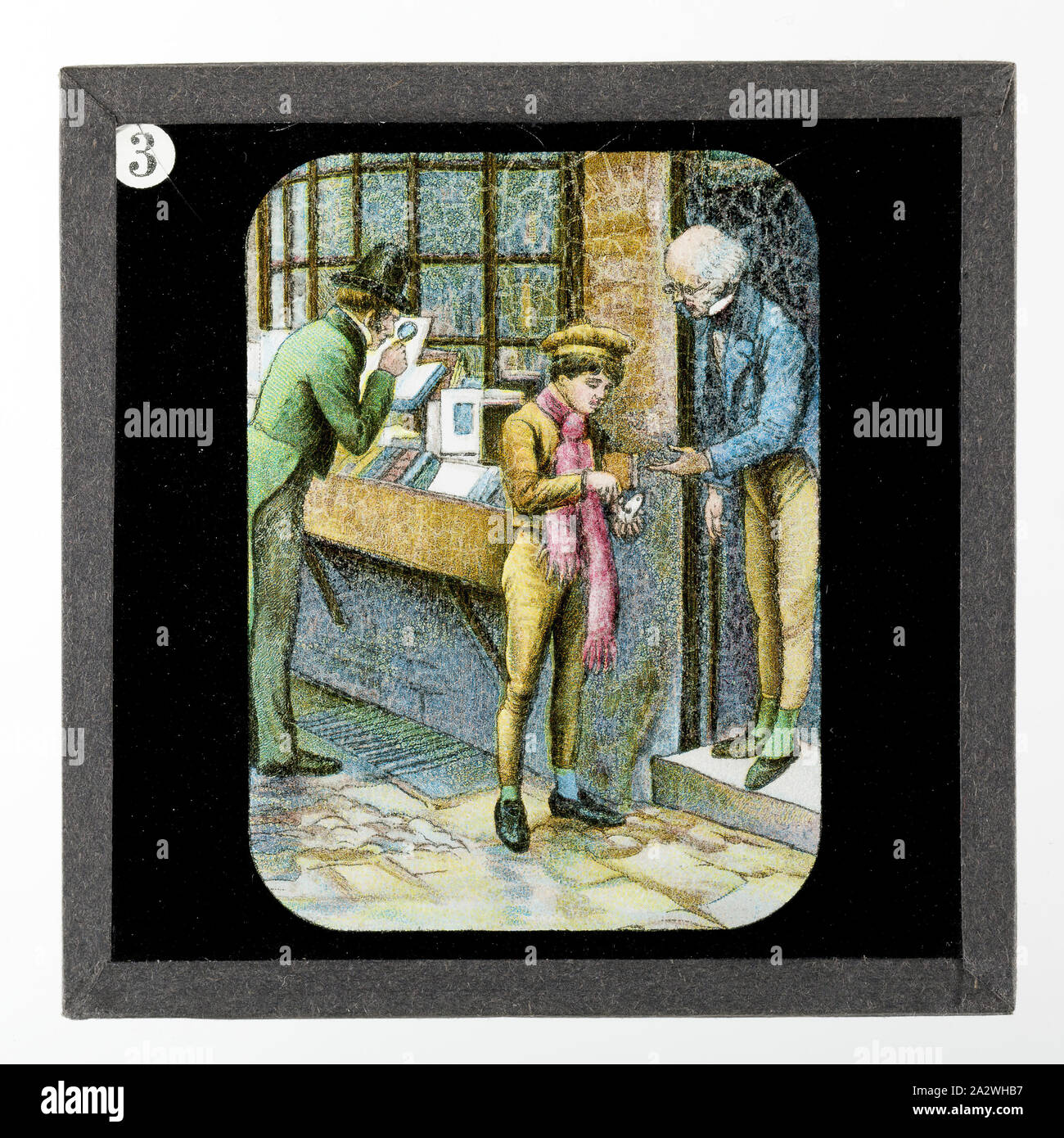 Diapositive - Achat d'un livre, de vie et de travail du Dr David Livingstone, vers 1900, diapositive représentant une jeune David Livingstone, l'achat d'un livre. Elle fait partie d'un ensemble incomplet de 40 diapositives, deux sont manquants, illustrant les faits marquants de la vie de Livingstone et de voyages. Ces diapositives ont été fabriqués par la London Stereoscopic & Photographic Company pour la Société Missionnaire de Londres, vers 1900. Le Dr David Livingstone (1813-1873) a passé trente ans en Afrique comme missionnaire Banque D'Images