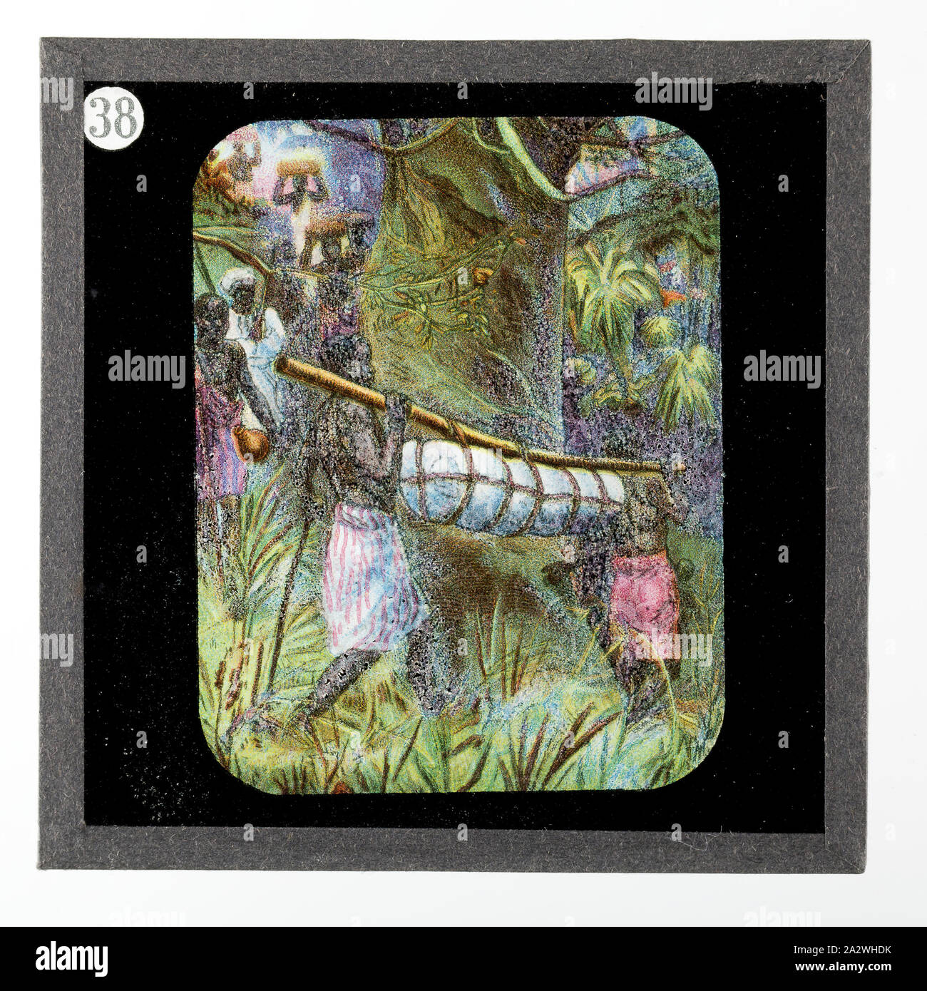 Diapositive - Réaliser le corps de la côte, de vie et de travail du Dr David Livingstone, vers 1900, diapositive illustrant Livingstone's bord, Chuma et Susi, transportant son corps à la côte de sorte qu'il peut être retourné en Angleterre. Elle fait partie d'un ensemble incomplet de 40 diapositives, deux sont manquants, illustrant les faits marquants de la vie de Livingstone et de voyages. Ces diapositives ont été fabriqués par la London Stereoscopic & Photographic Company pour la Société Missionnaire de Londres, vers 1900. Le Dr David Banque D'Images