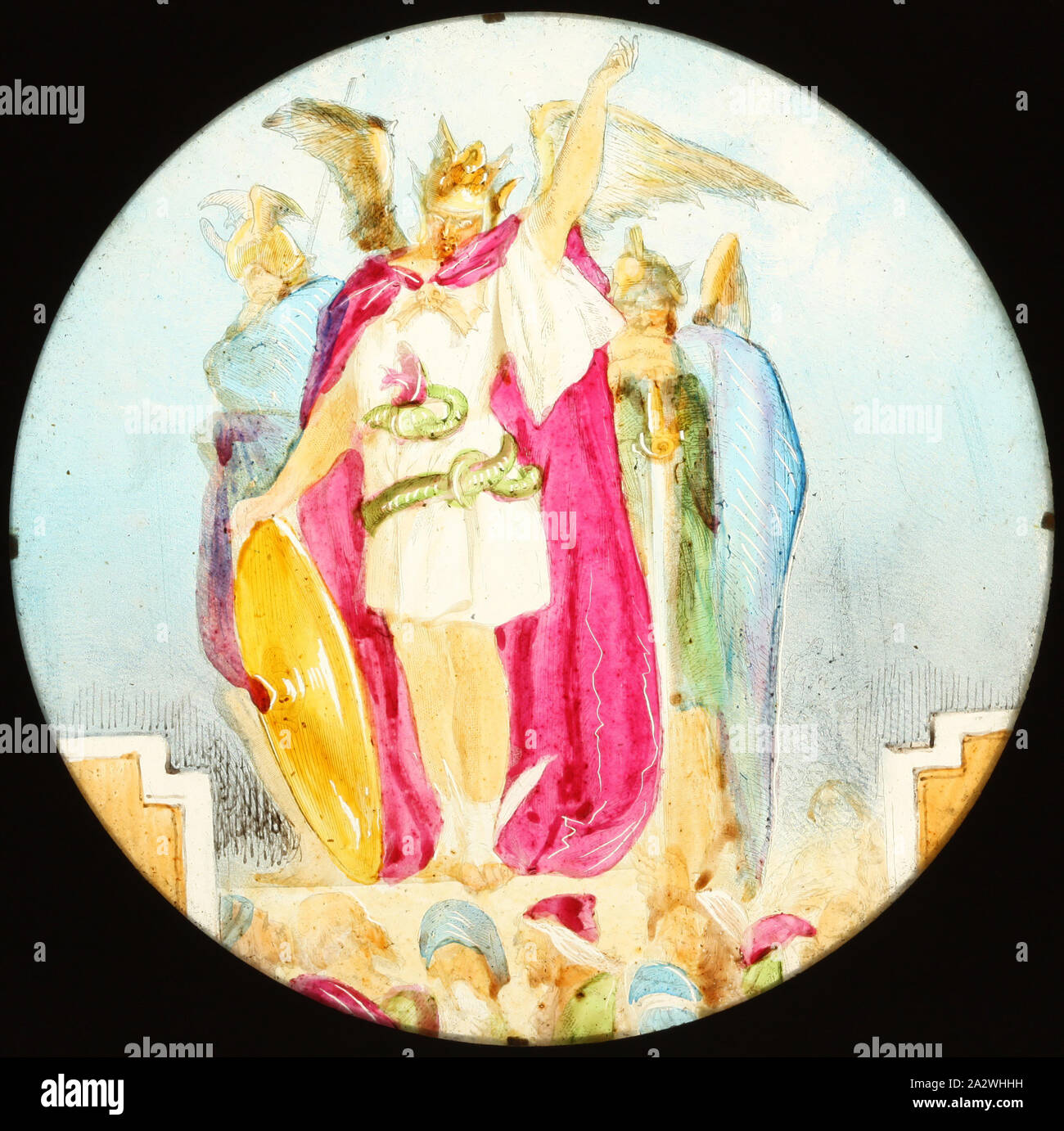 Diapositives - Série, la guerre sainte, 1850-1910, Série de 12 diapositives sur verre imprimé l'histoire de la guerre sainte, à l'origine écrite en 1682 par John Bunyan. ensemble dans une boîte en bois. La collection contient des photographies, imprimé et peint à la main illustrant les diapositives des paysages, des bâtiments, des dessins scientifiques, d'animaux et d'histoires religieuses Banque D'Images