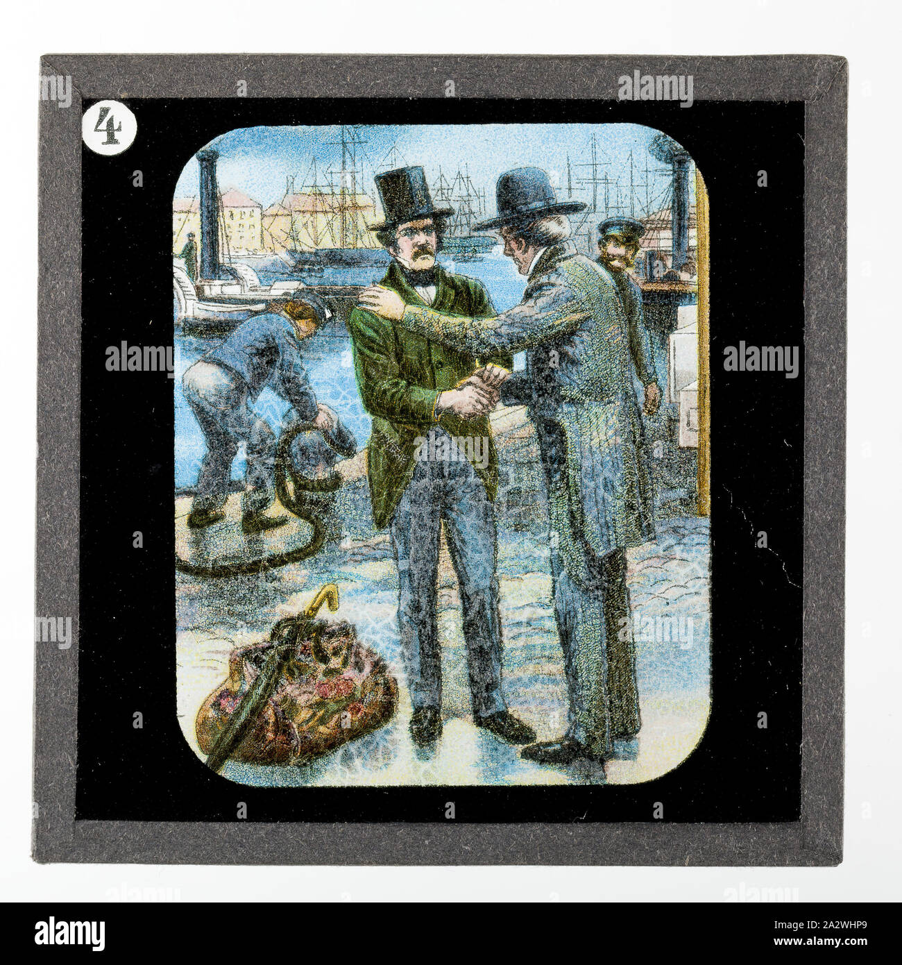 Diapositive - faire ses adieux à l'Broomielaw, Vie et Oeuvres de Dr David Livingstone, vers 1900, diapositive illustrant le Dr Livingston farewelling son père Neil à Glasgow avant de voyager vers l'Afrique via Londres pour commencer son travail missionnaire. Elle fait partie d'un ensemble incomplet de 40 diapositives, deux sont manquants, illustrant les faits marquants de la vie de Livingstone et de voyages. Ces diapositives ont été fabriqués par la London Stereoscopic & Photographic Company pour la Société Missionnaire de Londres, vers Banque D'Images
