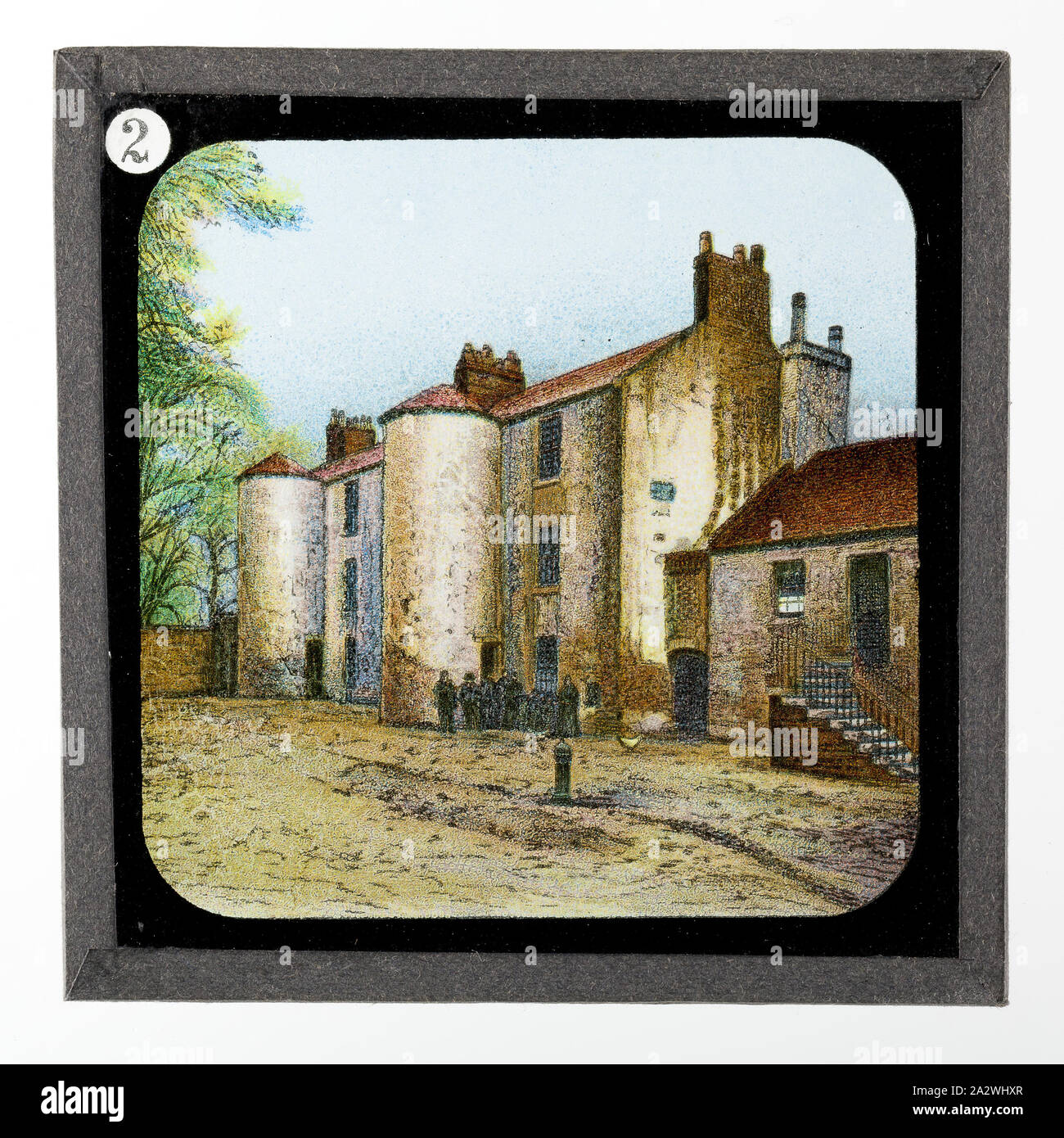 Diapositive - maison dans laquelle il est né, de vie et de travail du Dr David Livingstone, vers 1900, diapositive illustrant la maison dans laquelle David Livingstone est né. Elle fait partie d'un ensemble incomplet de 40 diapositives, deux sont manquants, illustrant les faits marquants de la vie de Livingstone et de voyages. Ces diapositives ont été fabriqués par la London Stereoscopic & Photographic Company pour la Société Missionnaire de Londres, vers 1900. Le Dr David Livingstone (1813-1873) a passé trente ans en Afrique en tant que Banque D'Images