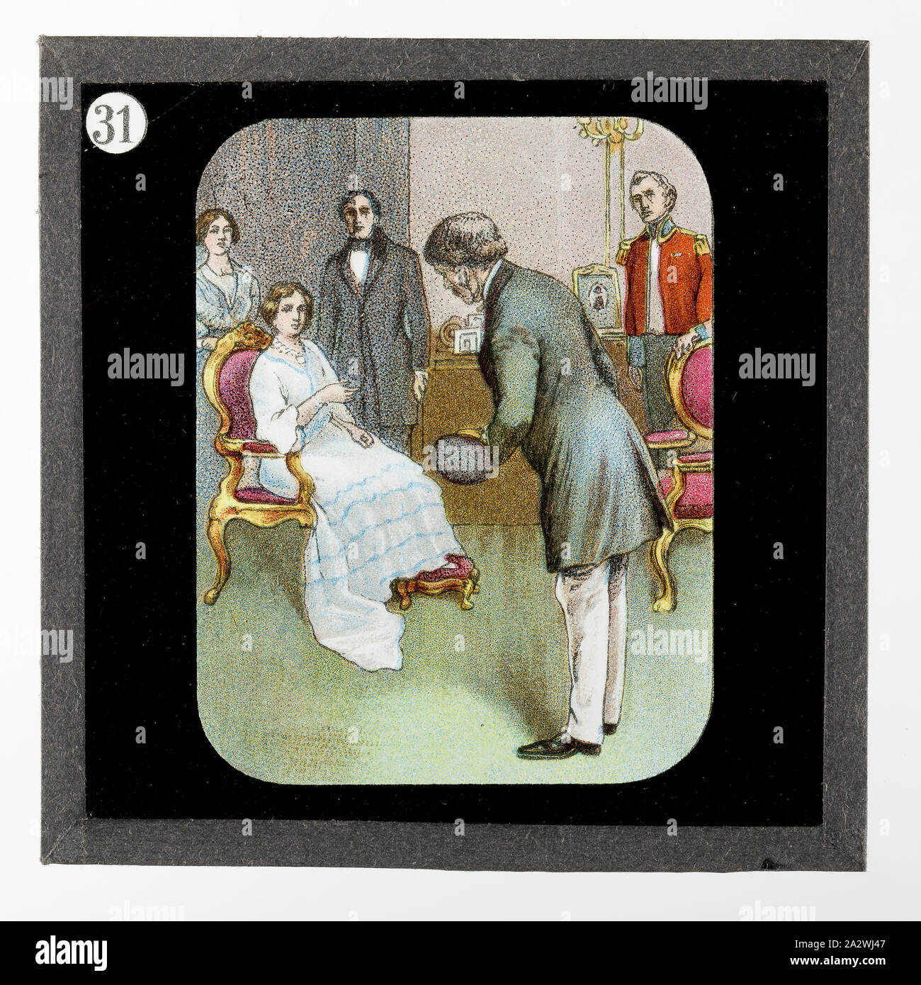 Diapositive - Livingstone voit la Reine, de vie et de travail du Dr David Livingstone, vers 1900, diapositive représentant David Livingstone rencontre la Reine Victoria. Elle fait partie d'un ensemble incomplet de 40 diapositives, deux sont manquants, illustrant les faits marquants de la vie de Livingstone et de voyages. Ces diapositives ont été fabriqués par la London Stereoscopic & Photographic Company pour la Société Missionnaire de Londres, vers 1900. Le Dr David Livingstone (1813-1873) a passé trente ans en Afrique comme missionnaire Banque D'Images