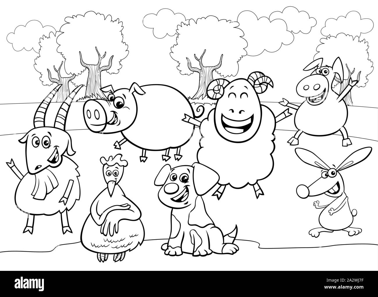 Illustration Cartoon noir et blanc d'adorables personnages de bande dessinée les animaux de ferme à colorier La Page de groupe Illustration de Vecteur