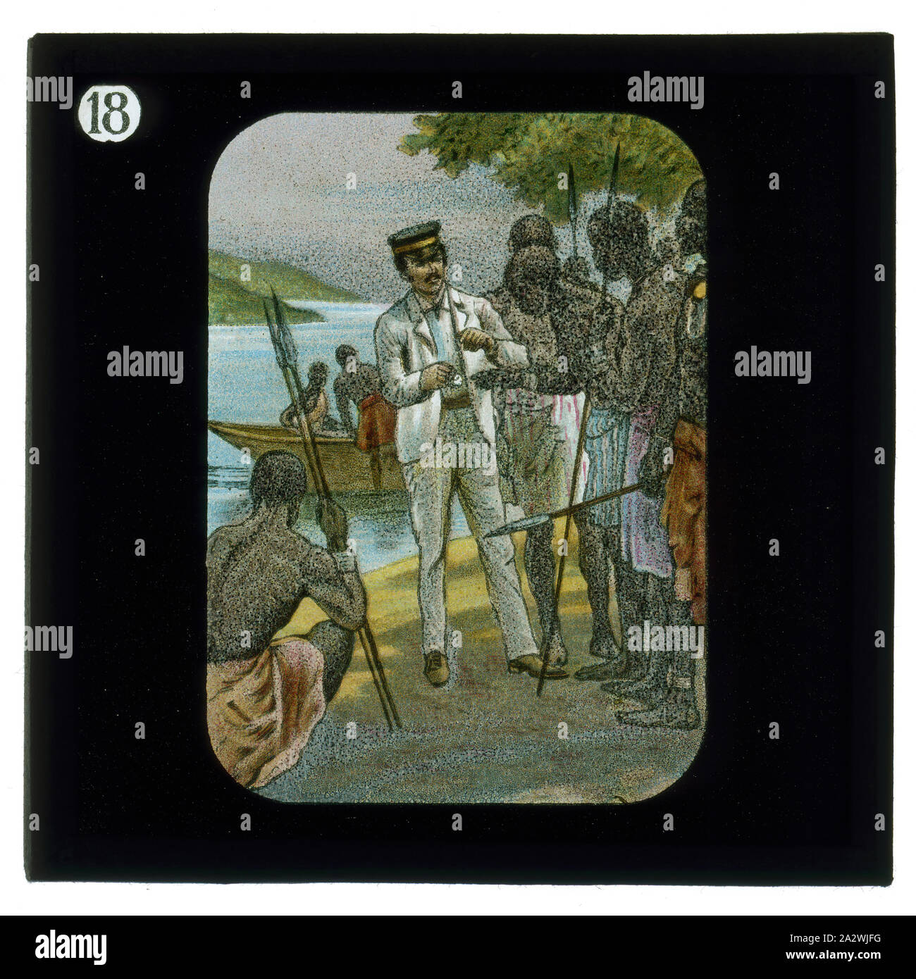 Diapositive - montrant Watch pour les Autochtones, de vie et de travail du Dr David Livingstone, vers 1900, diapositive représentant David Livingstone montrant un groupe de personnes sa montre. Elle fait partie d'un ensemble incomplet de 40 diapositives, deux sont manquants, illustrant les faits marquants de la vie de Livingstone et de voyages. Ces diapositives ont été fabriqués par la London Stereoscopic & Photographic Company pour la Société Missionnaire de Londres, vers 1900. Le Dr David Livingstone (1813-1873) a passé trente ans en Afrique Banque D'Images