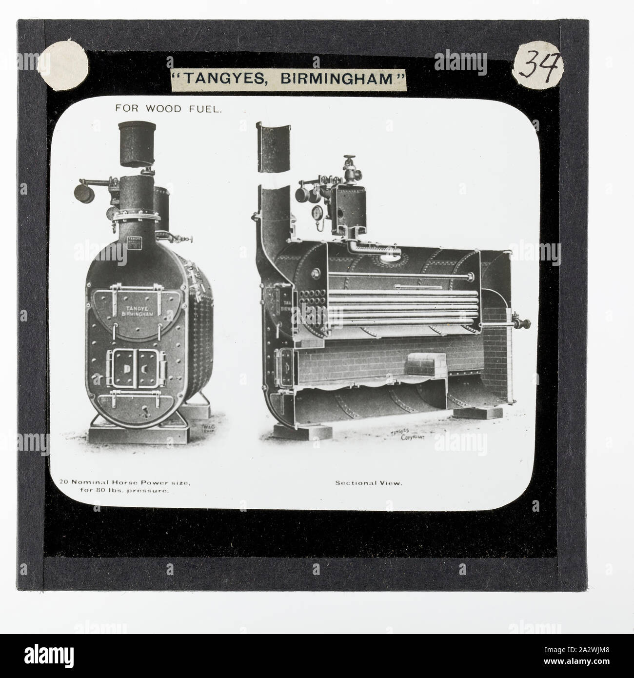 Diapositive - Tangyes Ltd, "coloniale" Fire-Tube Chaudière, vers 1910, l'un de 239 diapositives sur verre Verre produits fabriqués par Tangyes ingénieurs limitée de Birmingham, Angleterre. Les images comprennent divers produits tels que les moteurs, pompes centrifuges, pompes hydrauliques, les producteurs de gaz, machines d'essais des matériaux, presses, machines-outils, vérins hydrauliques etc. Tangyes était une entreprise qui a fonctionné de 1857 à 1957. Ils ont produit une grande variété de génie Banque D'Images