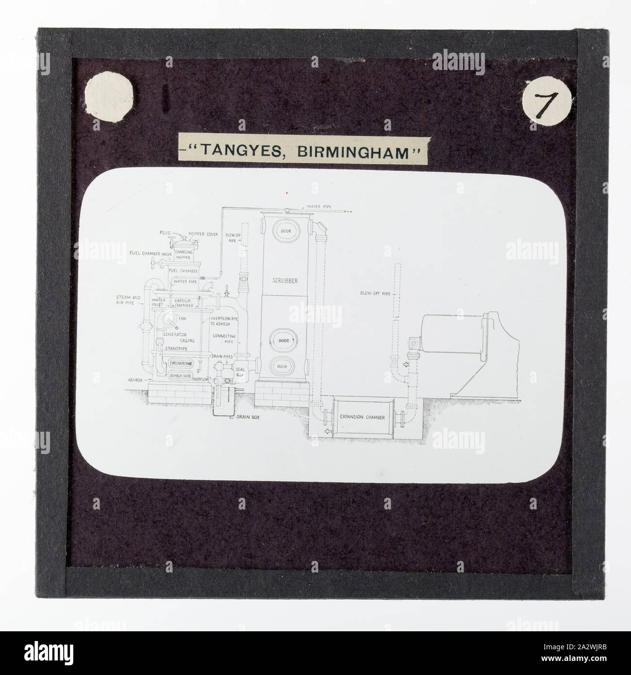 Diapositive - Tangyes Ltd, Illustration d'un producteur de gaz d'aspiration, vers 1910, l'un de 239 diapositives sur verre Verre produits fabriqués par Tangyes ingénieurs limitée de Birmingham, Angleterre. Les images comprennent divers produits tels que les moteurs, pompes centrifuges, pompes hydrauliques, les producteurs de gaz, machines d'essais des matériaux, presses, machines-outils, vérins hydrauliques etc. Tangyes était une entreprise qui a fonctionné de 1857 à 1957. Ils ont produit une grande variété de génie Banque D'Images