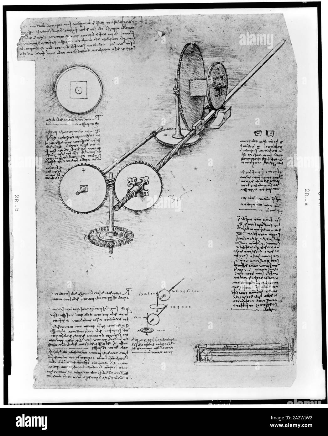 La reproduction de la page du portable de Léonard de Vinci montrant le fonctionnement d'une aile mécanique Banque D'Images