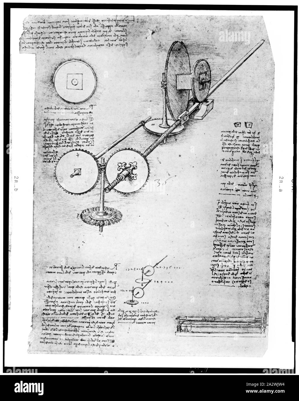 La reproduction de la page du portable de Léonard de Vinci montrant un engrenage fonctionnant à l'eau, entraînée par une machine pour la fabrication de fûts de Canon Banque D'Images