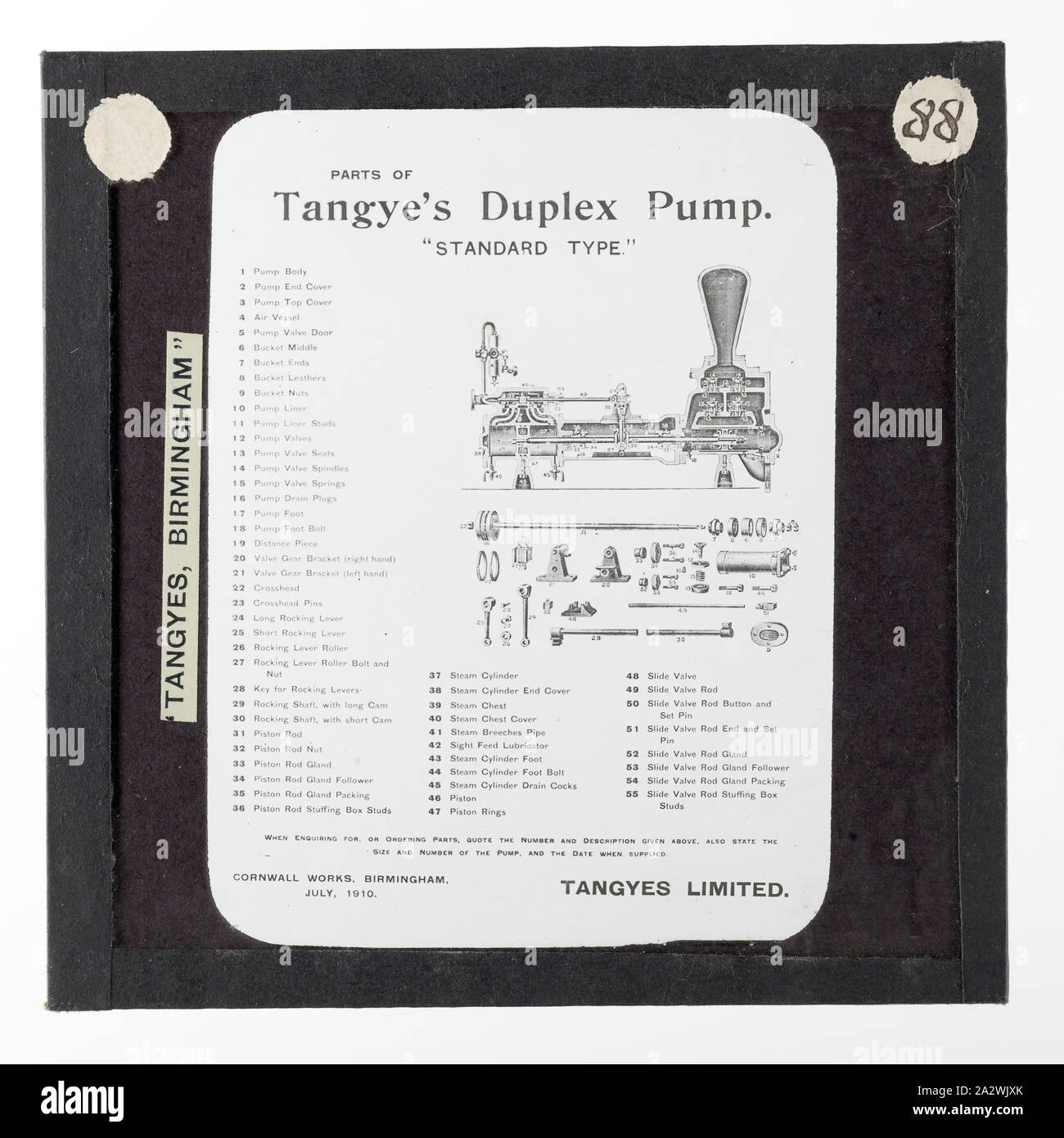 Diapositive - Tangyes Ltd, Duplex Standard Schéma de pompe, vers 1910, l'un de 239 diapositives sur verre Verre produits fabriqués par Tangyes ingénieurs limitée de Birmingham, Angleterre. Les images comprennent divers produits tels que les moteurs, pompes centrifuges, pompes hydrauliques, les producteurs de gaz, machines d'essais des matériaux, presses, machines-outils, vérins hydrauliques etc. Tangyes était une entreprise qui a fonctionné de 1857 à 1957. Ils ont produit une grande variété de génie Banque D'Images