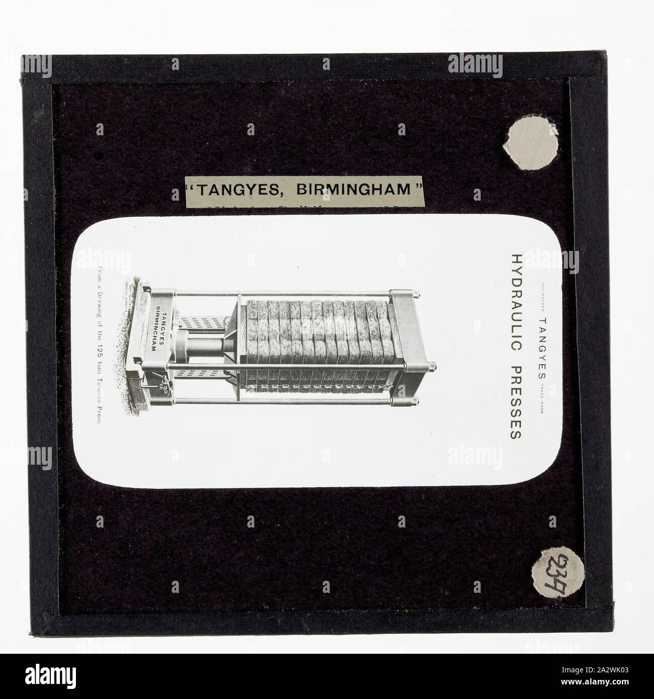 Diapositive - Tangyes Ltd, Tabac Presse, vers 1910, l'un de 239 diapositives sur verre Verre produits fabriqués par Tangyes ingénieurs limitée de Birmingham, Angleterre. Les images comprennent divers produits tels que les moteurs, pompes centrifuges, pompes hydrauliques, les producteurs de gaz, machines d'essais des matériaux, presses, machines-outils, vérins hydrauliques etc. Tangyes était une entreprise qui a fonctionné de 1857 à 1957. Ils ont produit une grande variété de génie Banque D'Images