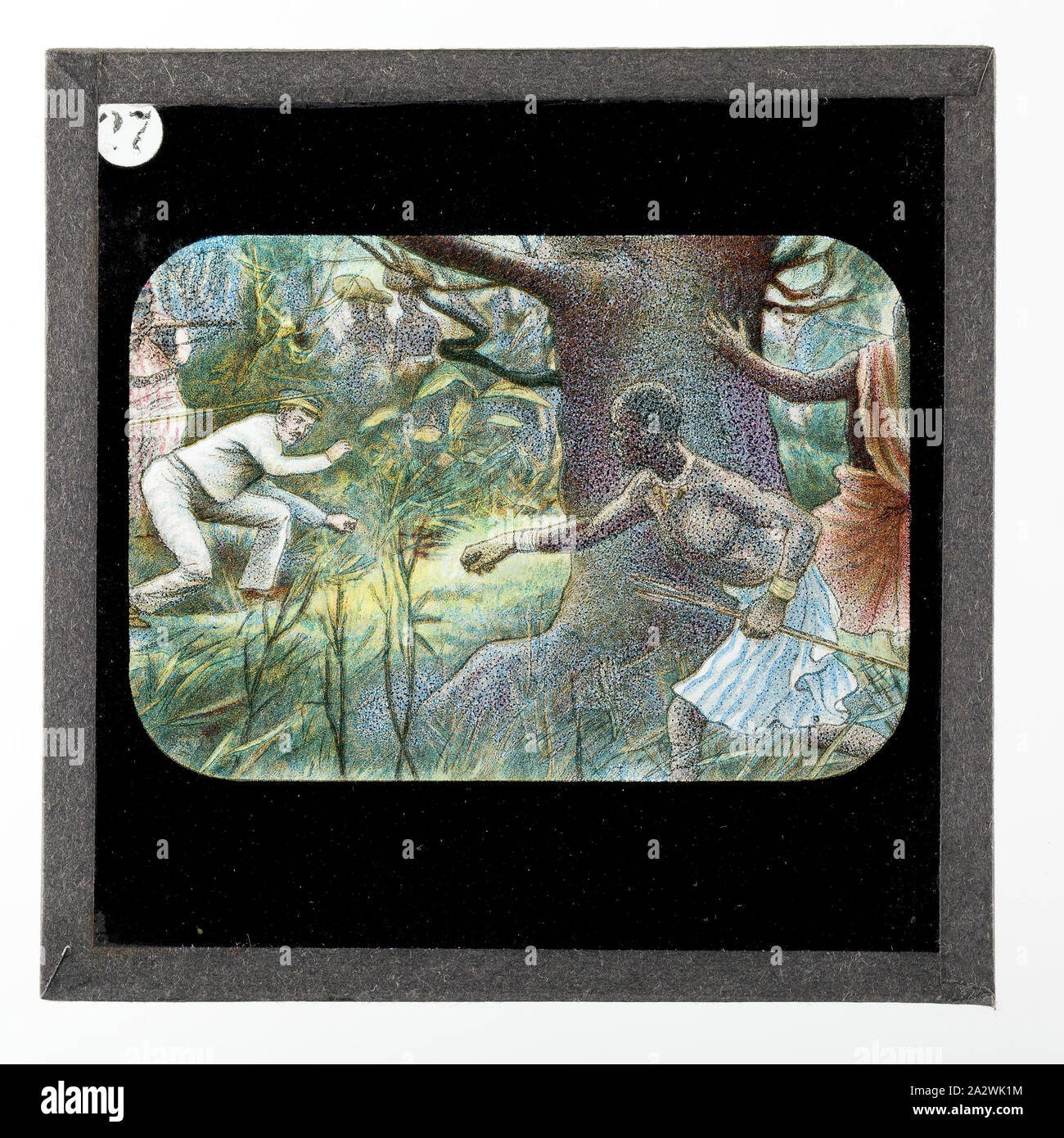 Manyuema - diapositive sur l'embuscade, de vie et de travail du Dr David Livingstone, vers 1900, diapositive illustrant une embuscade. Elle fait partie d'un ensemble incomplet de 40 diapositives, deux sont manquants, illustrant les faits marquants de la vie de Livingstone et de voyages. Ces diapositives ont été fabriqués par la London Stereoscopic & Photographic Company pour la Société Missionnaire de Londres, vers 1900. Le Dr David Livingstone (1813-1873) a passé trente ans en Afrique comme missionnaire et explorateur Banque D'Images