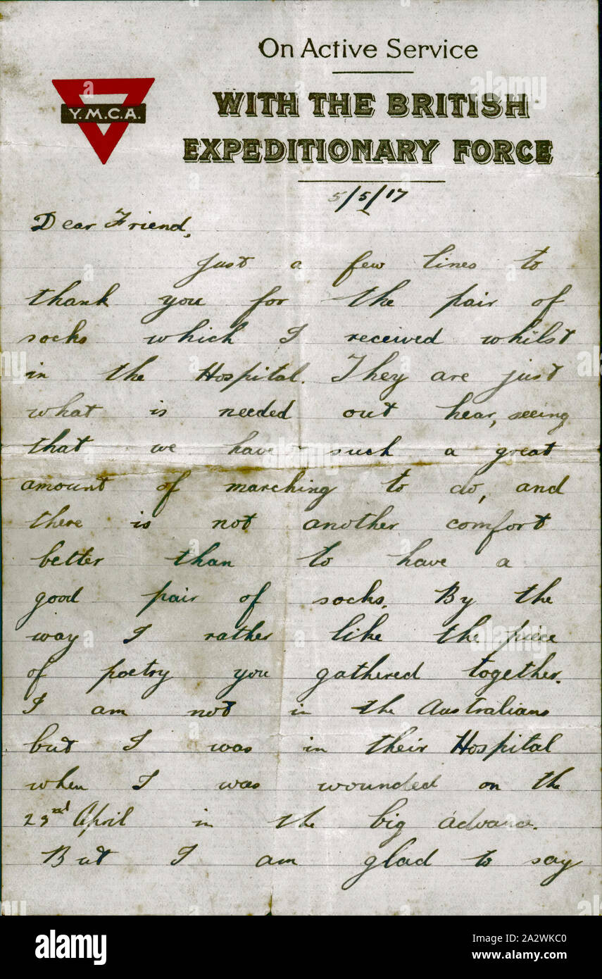 Lettre - Le Soldat John W. Harland à Mlle Florence Crossley, Merci pour chaussettes, 5 mai 1917, lettre manuscrite sur deux pages de papier à en-tête de Y.M.C.A le Soldat John W. Harland (241777) de la 5e Régiment à la frontière de Mlle Florence Crossley, c/o Red Cross Society, Newbridge, Victoria. Dans la lettre Secteur Harland Merci Mlle Crossley pour lui envoyer des chaussettes et de la poésie. Il suggère qu'à l'avenir, il va écrire et envoyer ses poèmes sur la vie dans le régiment. Il dit : "Juste quelques lignes pour Banque D'Images