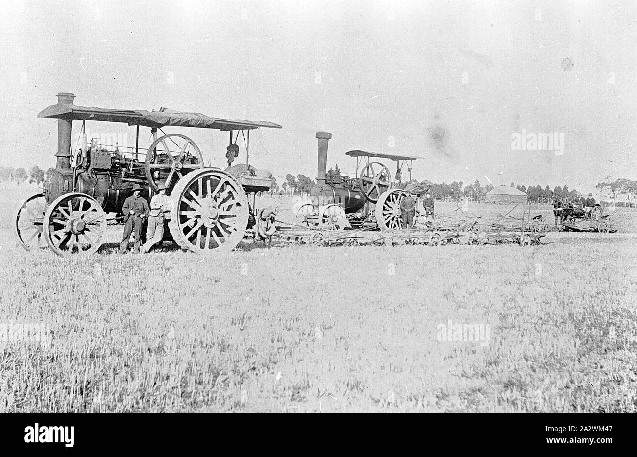 Négatif - Labour vapeur avec deux moteurs de traction chaque tirant trois charrues, Werribee, Victoria, 1910, deux moteurs de traction à vapeur (Aveling et Porter ?), chacun tirant trois charrues. Il y a un voyage itinérant en transport avec les gens sur elle derrière les moteurs. Il y a deux hommes debout en face de l'un moteur, ils portent des chapeaux. Il y a beaucoup d'arbres et d'une botte à l'arrière-plan Banque D'Images