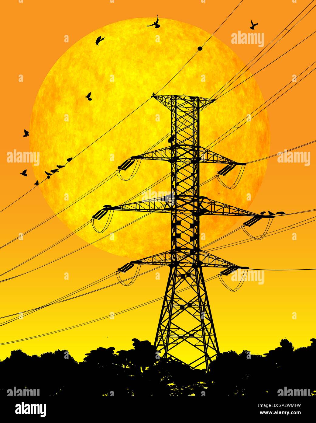 Ligne électrique avec des oiseaux et le lever du soleil, vector illustration Illustration de Vecteur