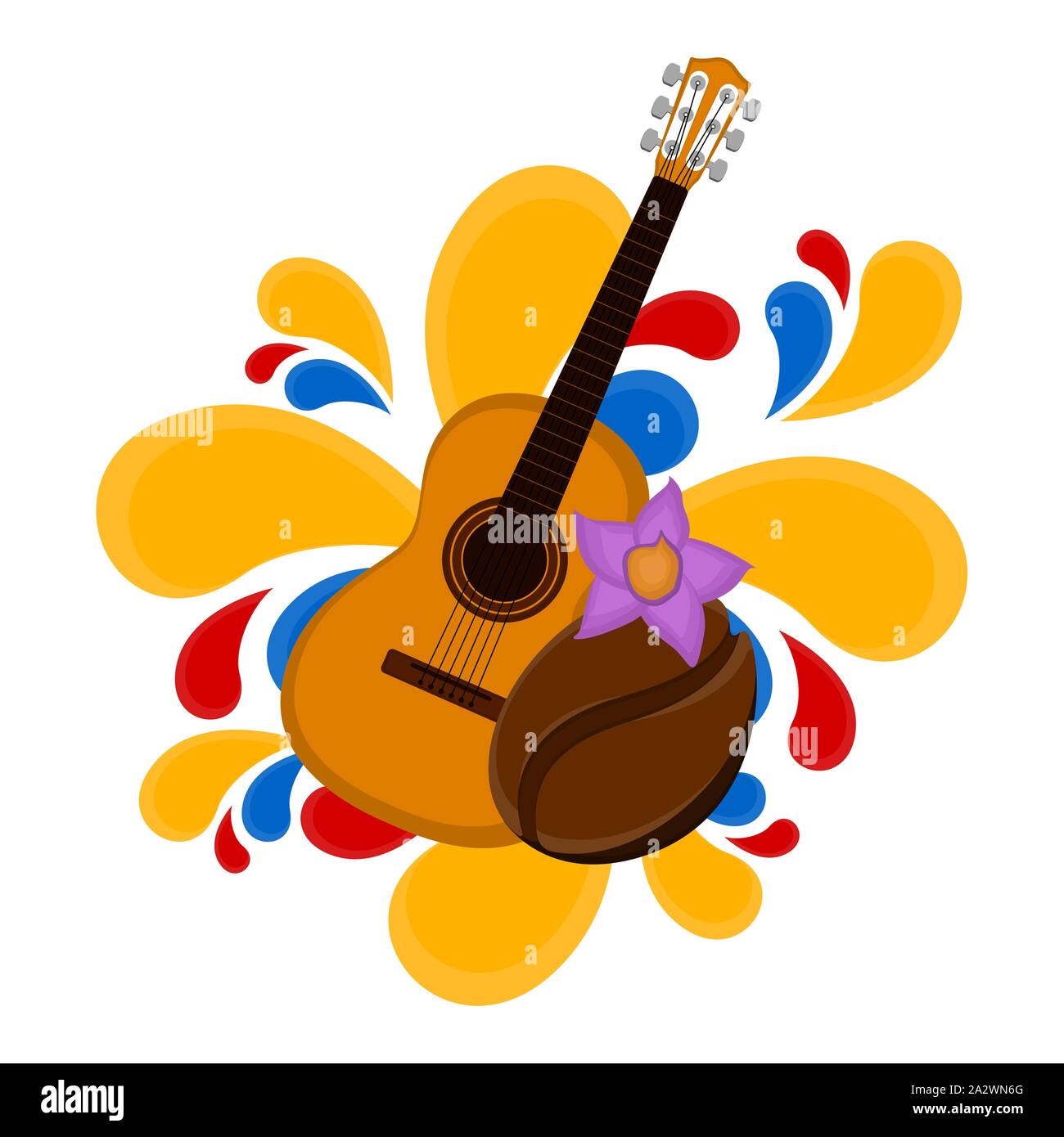 Bean café wit guitare et couleur splash. Image représentative de la Colombie - Vector Illustration de Vecteur