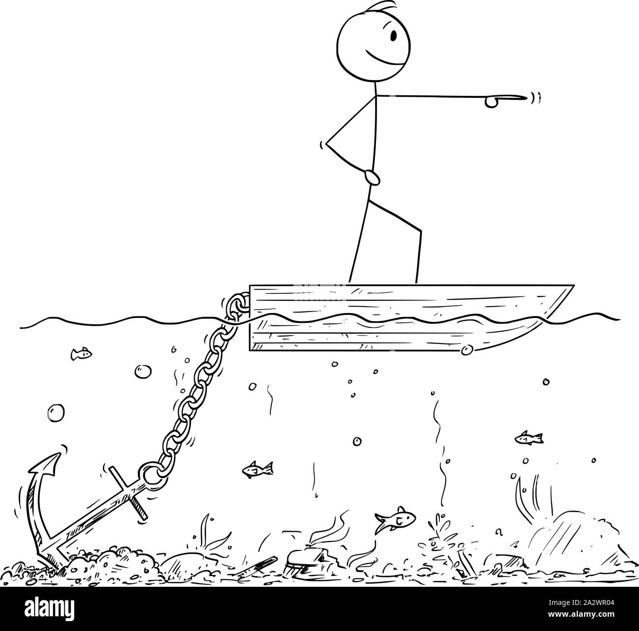 Vector cartoon stick figure dessin illustration conceptuelle de l'homme confiant ou businessman standing on petit bateau et orientée vers l'avant, mais ne se déplaçant en raison de big anchor bloqué sur le fond marin. Illustration de Vecteur