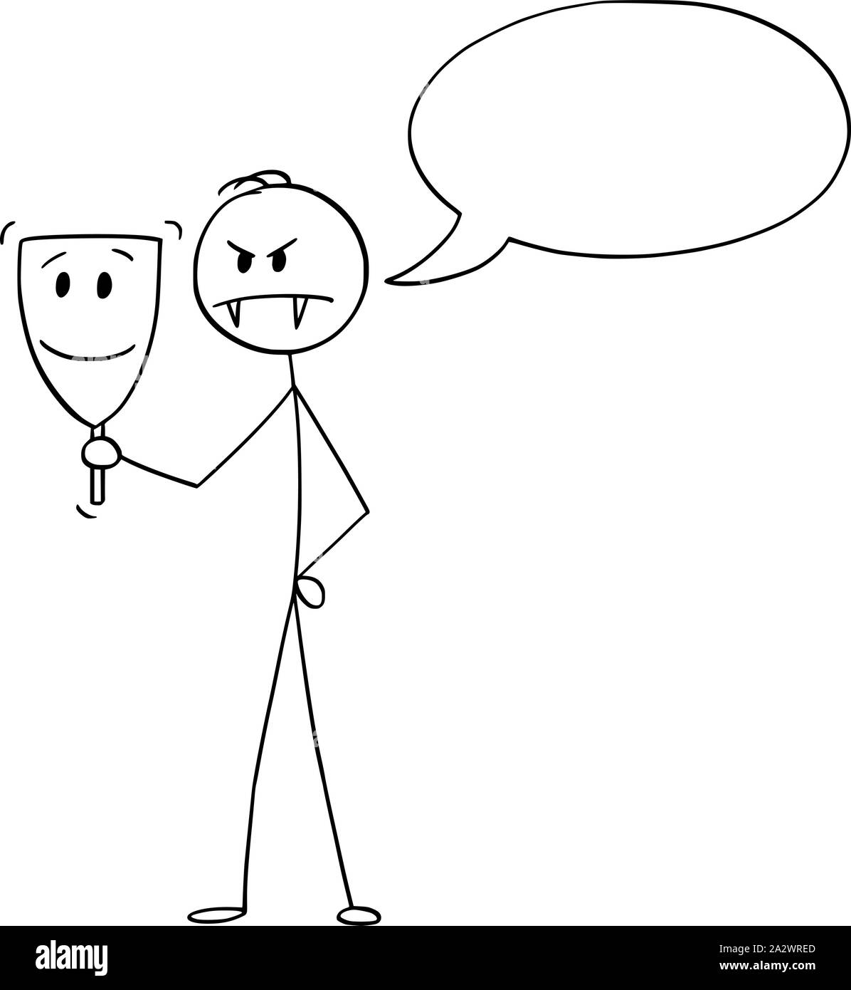 Vector cartoon stick figure dessin illustration conceptuelle de l'homme mauvais ou mature ou porter un masque souriant aimable ou sympathique. Bulle vide pour votre texte. Illustration de Vecteur