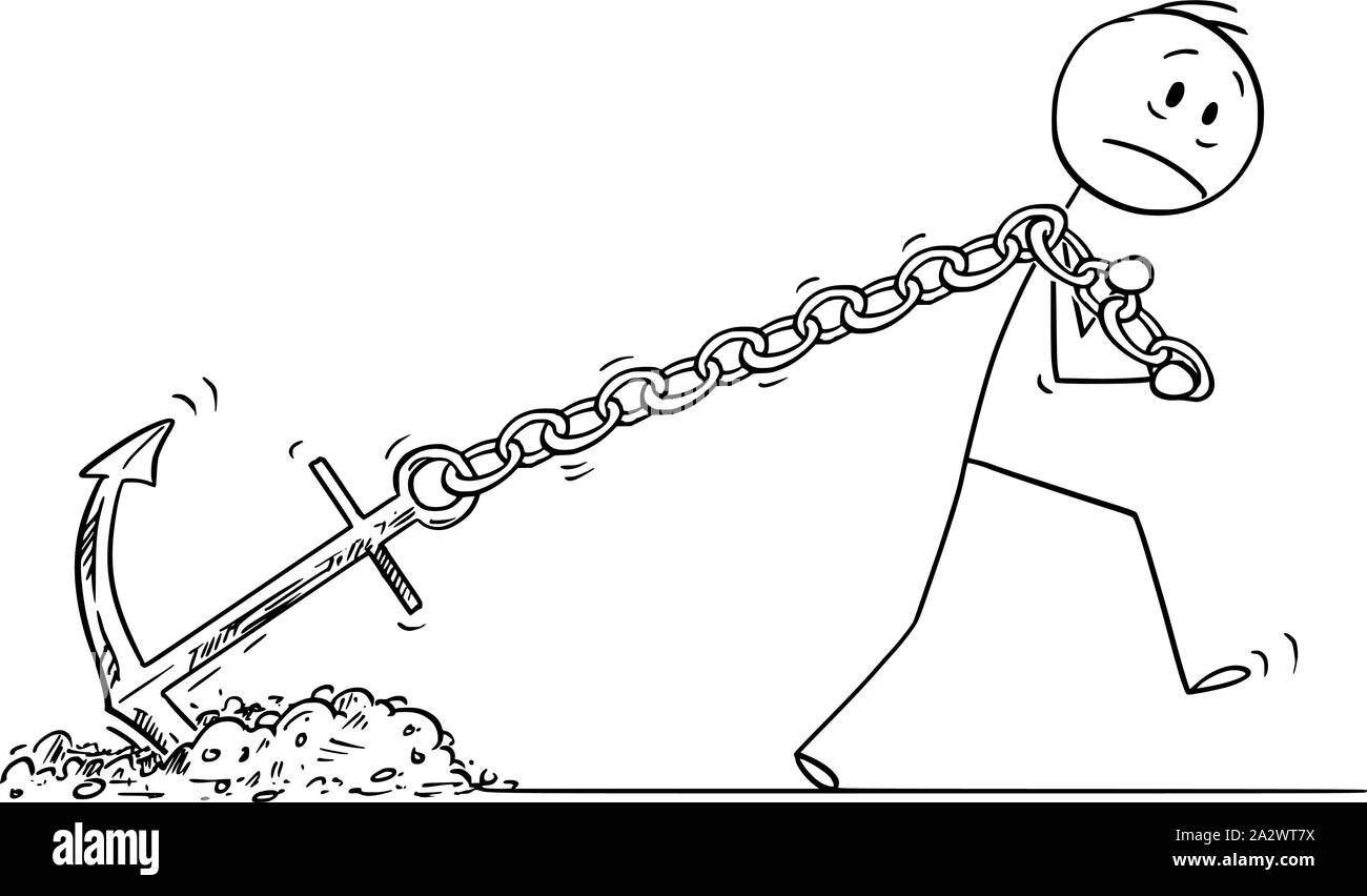 Vector cartoon stick figure dessin illustration conceptuelle de l'homme frustré ou homme d'affaires en faisant glisser ou en tirant big anchor comme métaphore de la vie ou de travail problème. Illustration de Vecteur