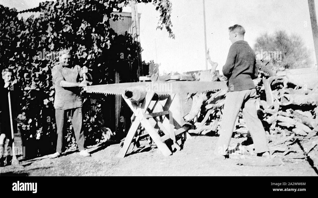 Négatif - Mildura, Victoria, vers 1935, les hommes scier du bois avec une scie de coupe transversale. Un garçon avec un balai se dresse sur la gauche Banque D'Images