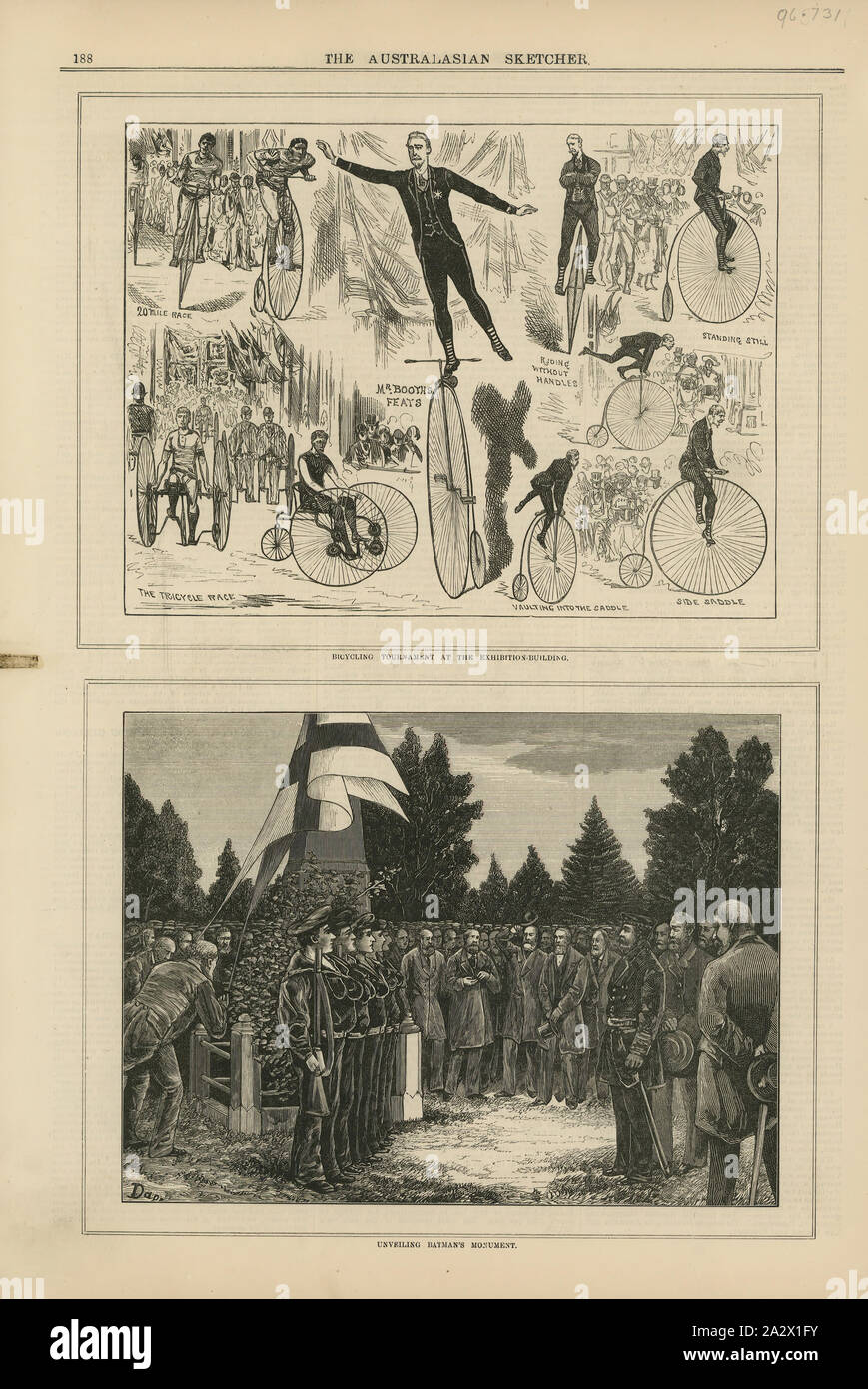 - Journal "Le vélo tournoi au bâtiment d'exposition', l'Australasian Sketcher, Melbourne, 17 juin 1882, Copie de l'Australian Sketcher, 17 juin 1882, composé de 12 pages à partir de pp. 177-92, publié par Wilson & MacKinnon, Melbourne. La page 188 est constitué de deux illustrations en noir et blanc, l'un supérieur représentant un tournoi vélo tenue à l'Exhibition-Building, la partie inférieure représentant l'inauguration du monument de John Batman. La page 183 contient un article sur l'événement, qui a eu lieu le Banque D'Images