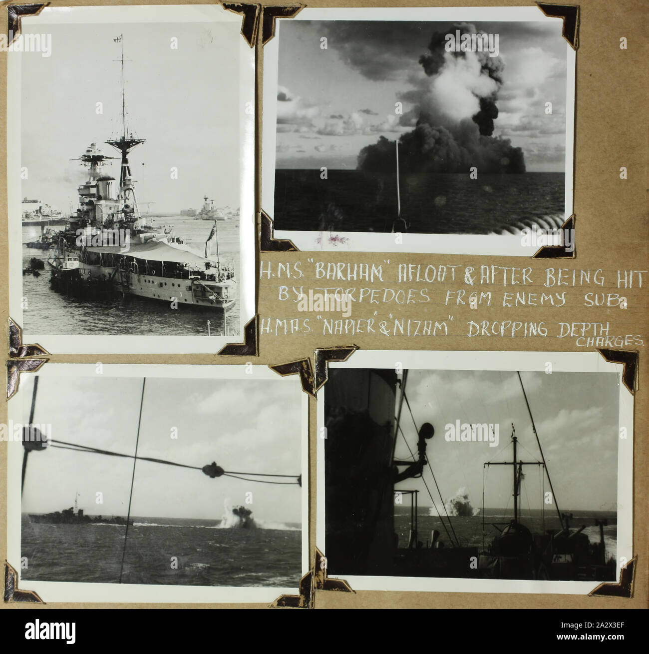 Photographie - HMS Barham, World War II, 1941, photographie noir et blanc photographie à partir d'un album de David Ralph Goodwin, RAN. L'album contient 108 photos noir et blanc à partir de la Seconde Guerre mondiale, de nombreux très significatives, montrant de batailles navales (live fire), les survivants, les blessés et les morts d'être enterré en mer. Les photographies sont sécurisés avec coins de photo - quelques-uns maintenant à la dérive. Inclut des images de l'évacuation des troupes allemandes de la Grèce, l'allemand Banque D'Images