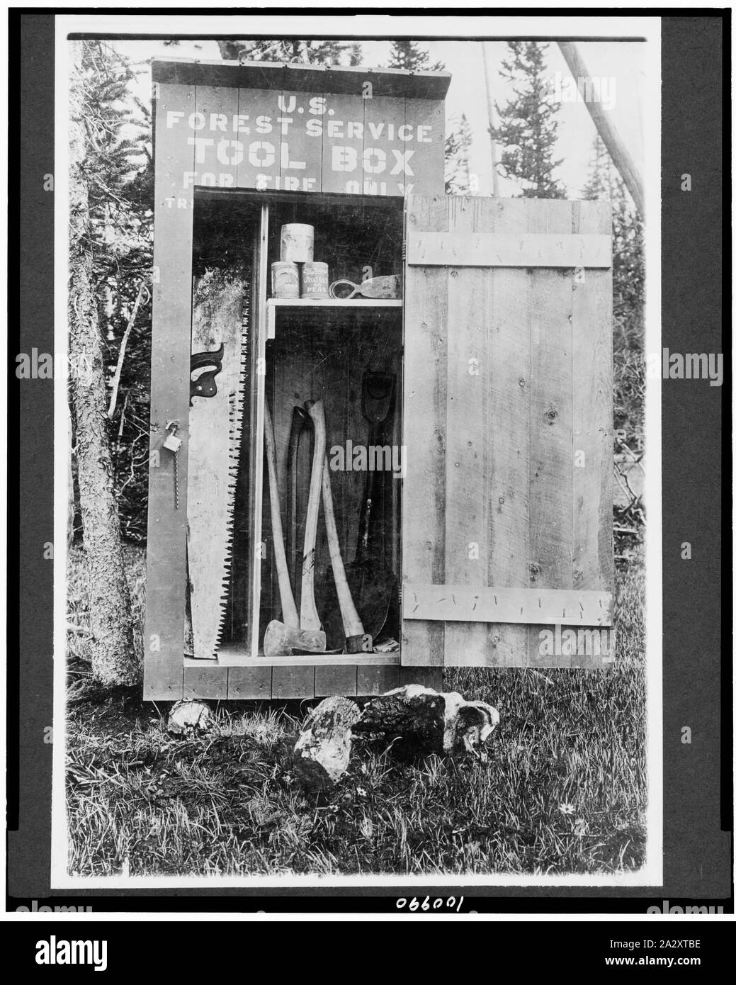 Routt National Forest, Colorado. Remise du Service forestier des États-Unis montrant les outils et les aliments en conserve à l'intérieur Banque D'Images