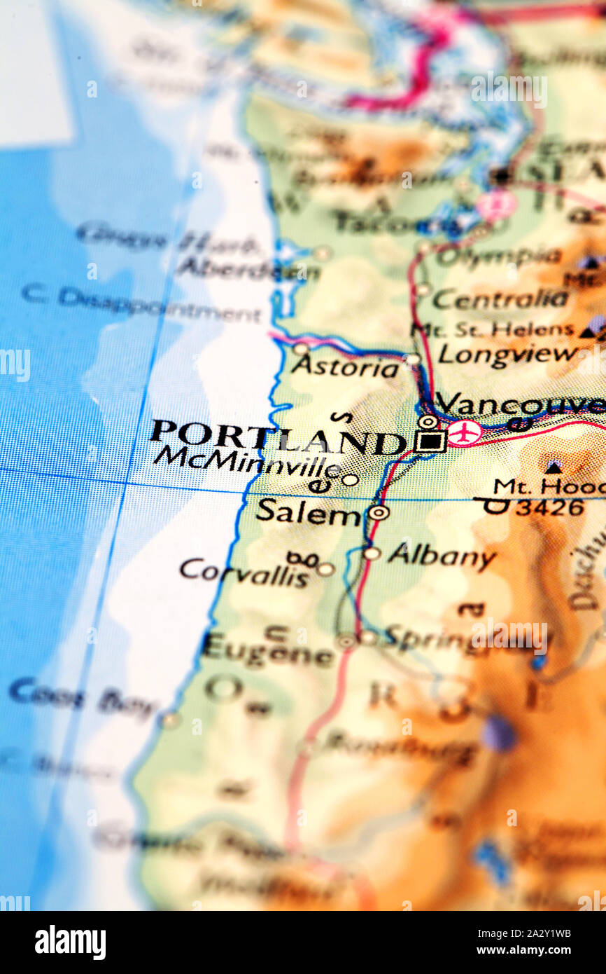 Portland USA, sur la carte du monde atlas Banque D'Images