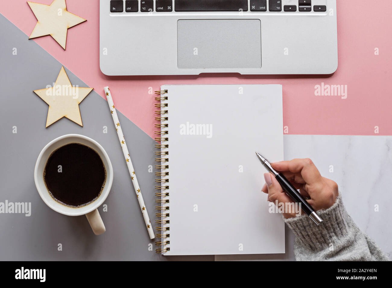 Bonne année 2020. Femme hand writing 2020 Buts en ordinateur portable. Décorations de Noël sur le fond tricolore. Haut de la vue, télévision lay, les frais généraux, l'exemplaire Banque D'Images