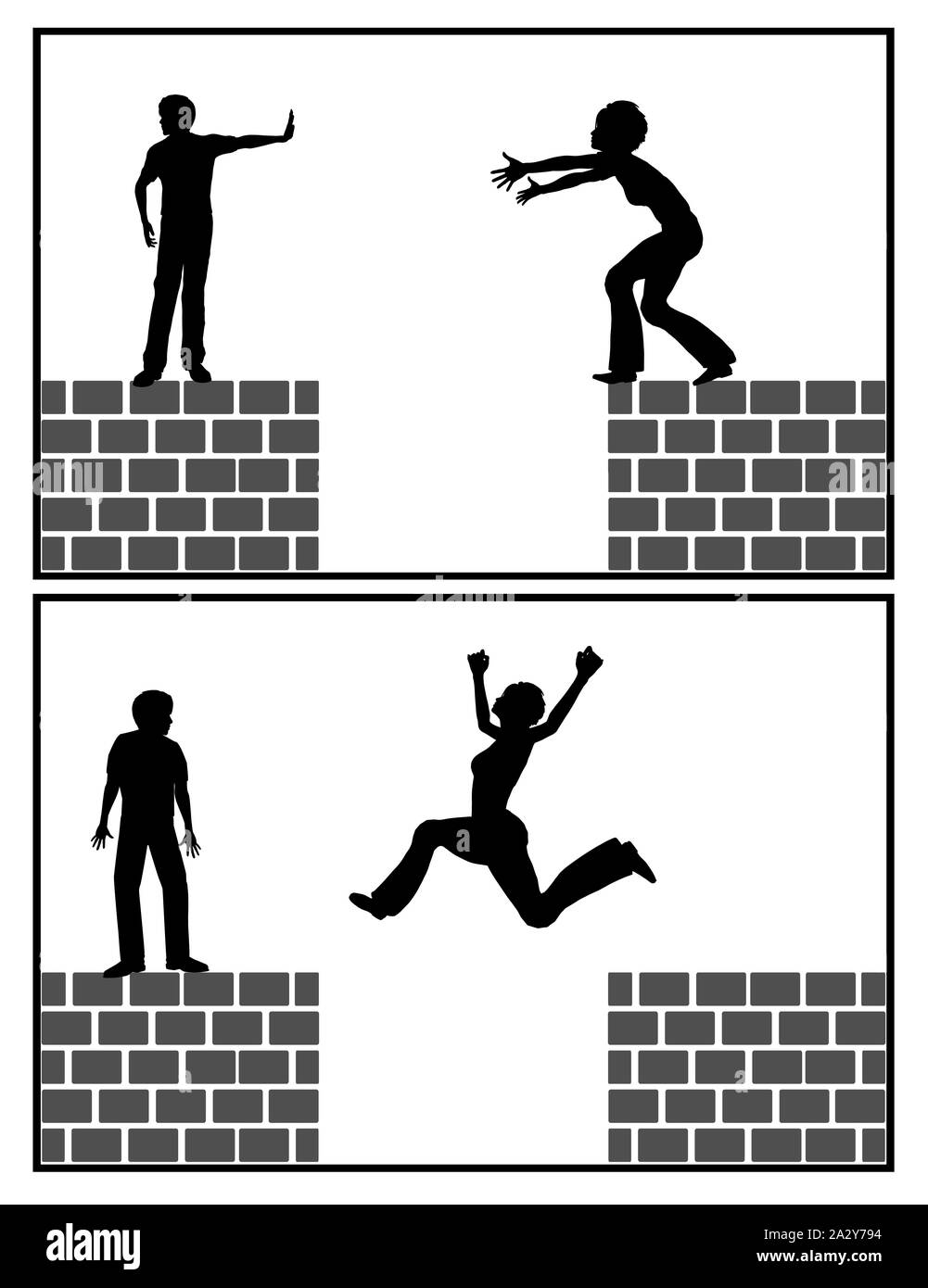 Femme saute par-dessus l'écart sans l'aide d'un homme, un concept pour l'autonomisation des femmes et l'auto-soin. Banque D'Images