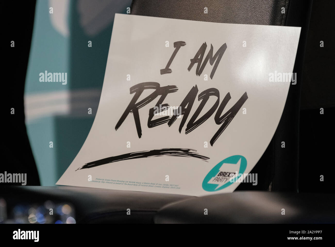 'Je suis prêt' Brexit Partie rally logo. La partie Brexit conférence à Westminster, partie d'un parti national tour. London, UK Banque D'Images