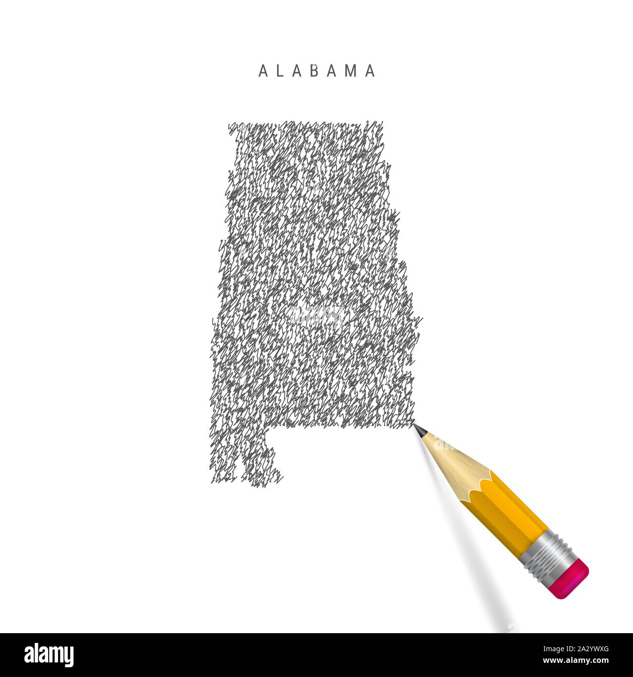 Croquis de l'Alabama scribble site isolé sur fond blanc. Hand drawn vector map de l'Alabama. Crayon 3D réaliste avec du caoutchouc. Illustration de Vecteur