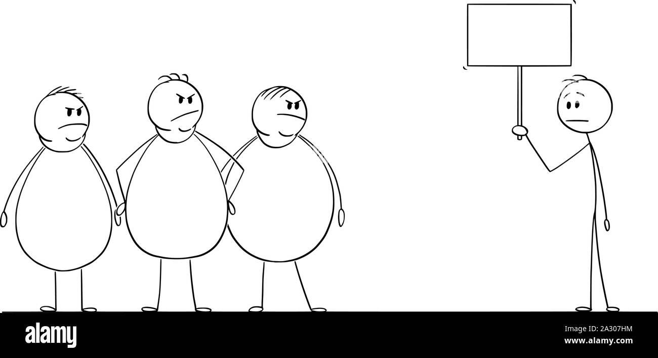 Vector cartoon stick figure dessin illustration conceptuelle de thin man holding signe vide et groupe d'hommes gras en colère est de le regarder. Illustration de Vecteur
