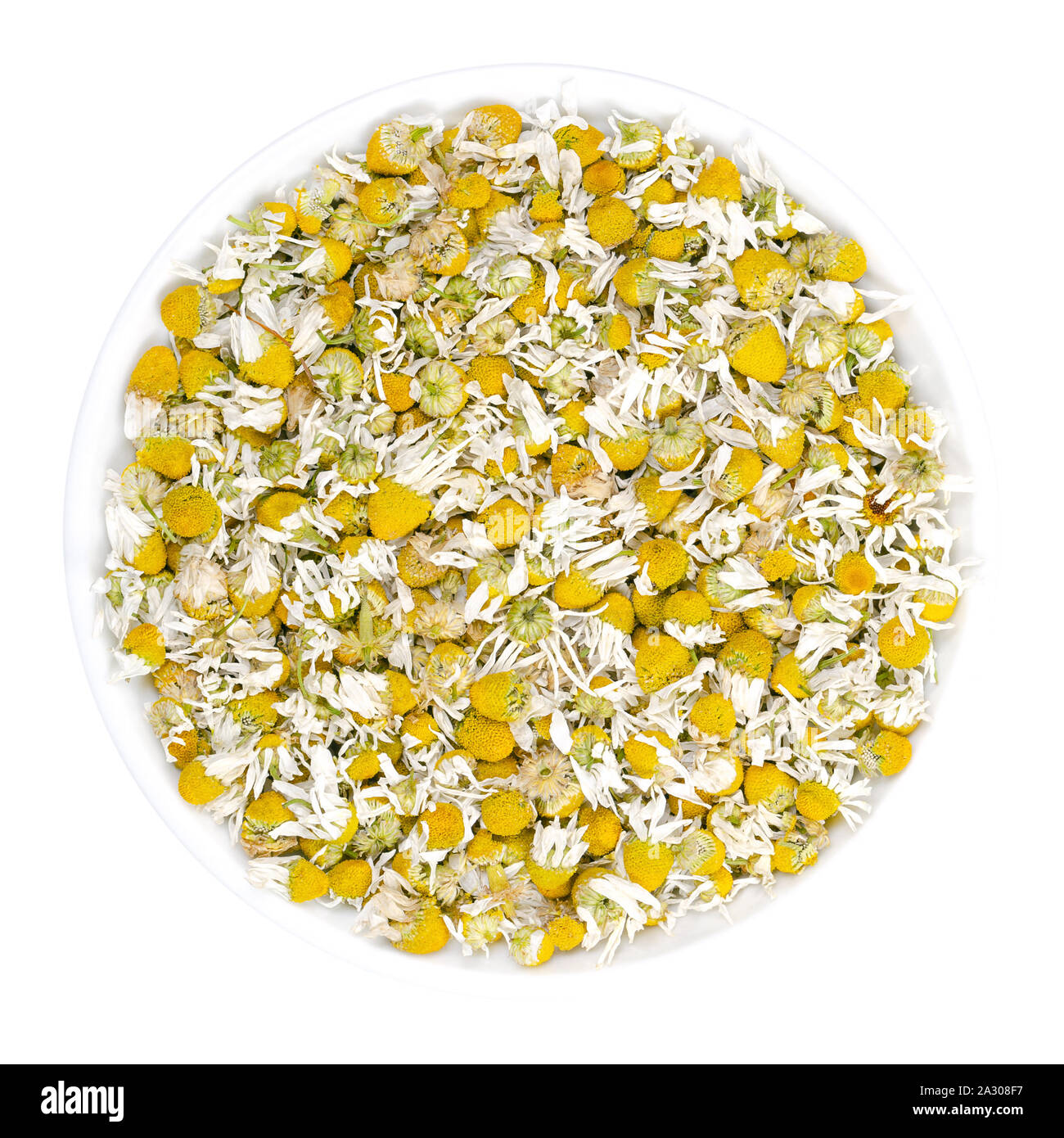 Fleurs de camomille séchées dans un bol blanc. Camomille, fleurs de Matricaria chamomilla, utilisé pour des infusions et en médecine traditionnelle. Banque D'Images