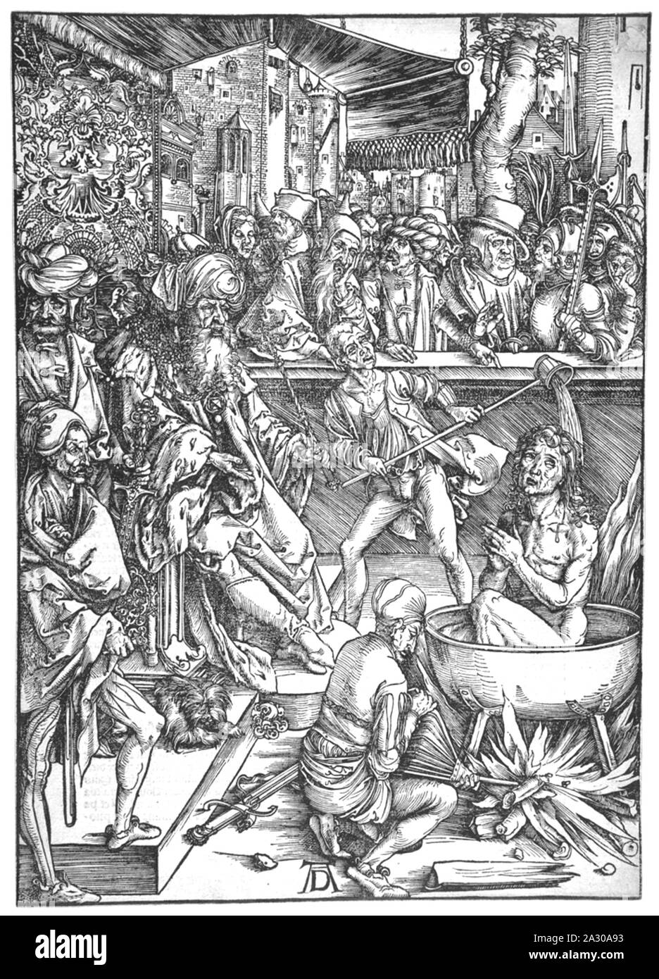ALBRECHT DÜRER (1471-1528) artiste allemand. La gravure sur bois du martyre de saint Jean. Banque D'Images
