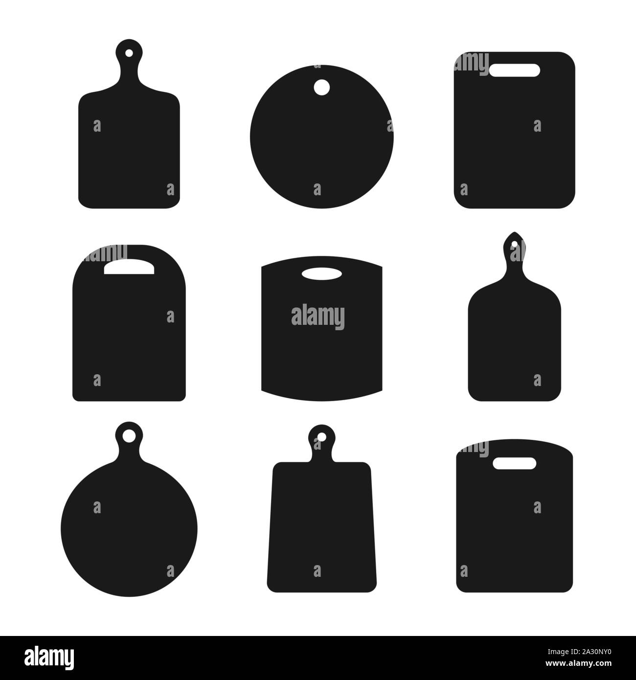 Ensemble de planches à découper en bois sur fond blanc. Conseil de cuisine noir vide icon collection. Planche à découper différentes formes de silhouettes. Vector, télévision. Illustration de Vecteur