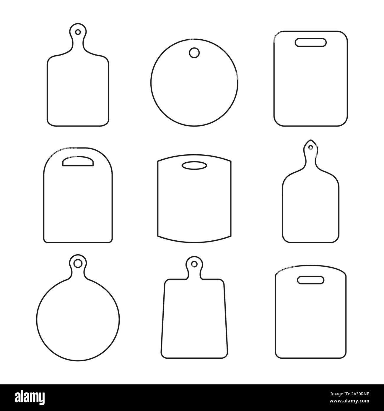Ensemble de planche à découper en bois expose sur fond blanc. Cuisine noir vide sur l'icône de la ligne du conseil collection. Planche à découper différentes formes de symboles. Vector Illustration de Vecteur
