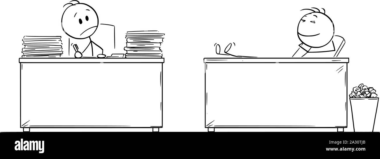 Vector cartoon stick figure dessin illustration conceptuelle de l'employé de bureau de travail dur ou businessman looking at paresseux ou collègue rapide avec les jambes sur le bureau. Illustration de Vecteur