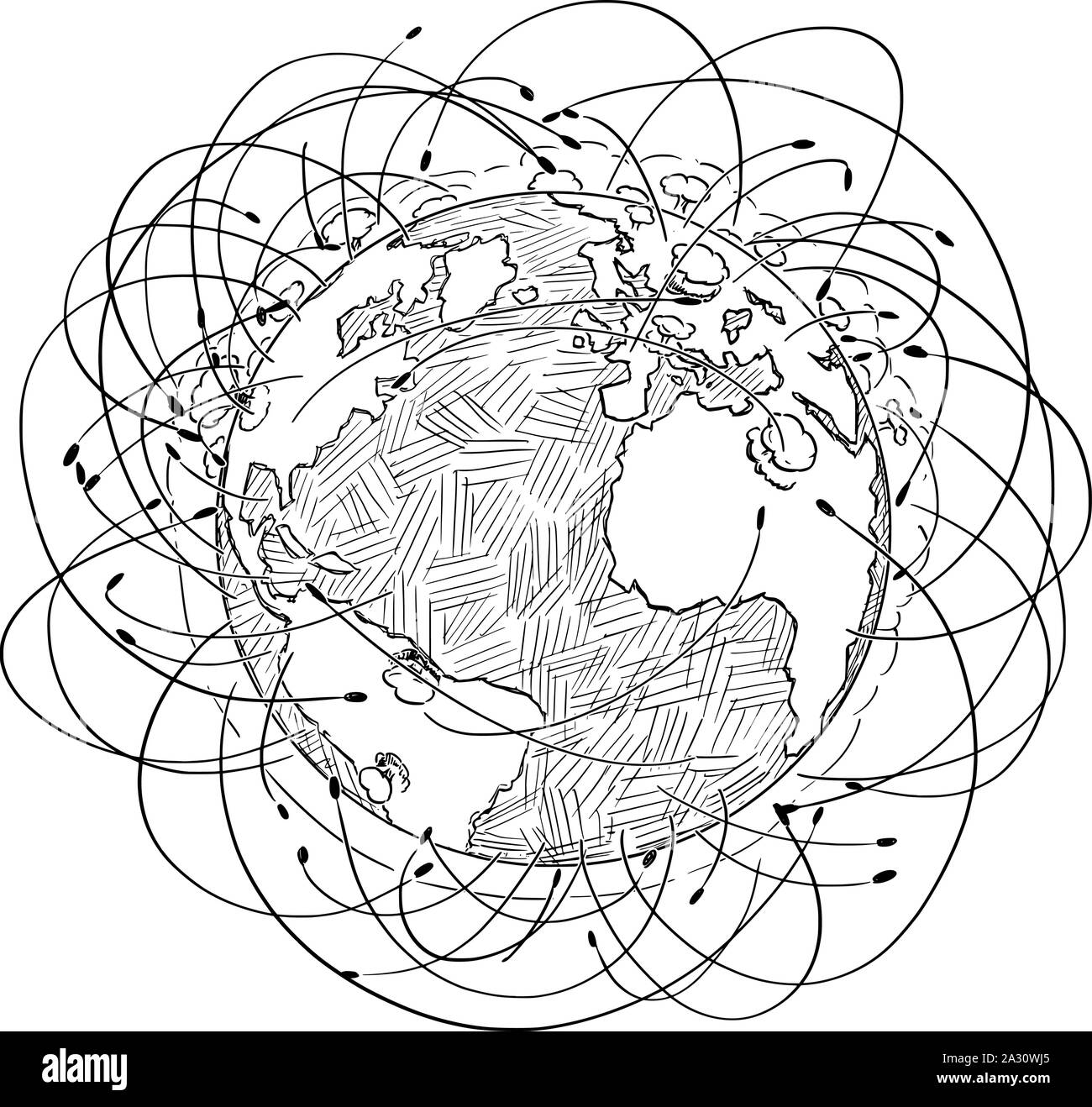 Vector illustration noir et blanc de la planète Terre entourée par des roquettes et les explosions nucléaires. Concept de guerre nucléaire. Illustration de Vecteur