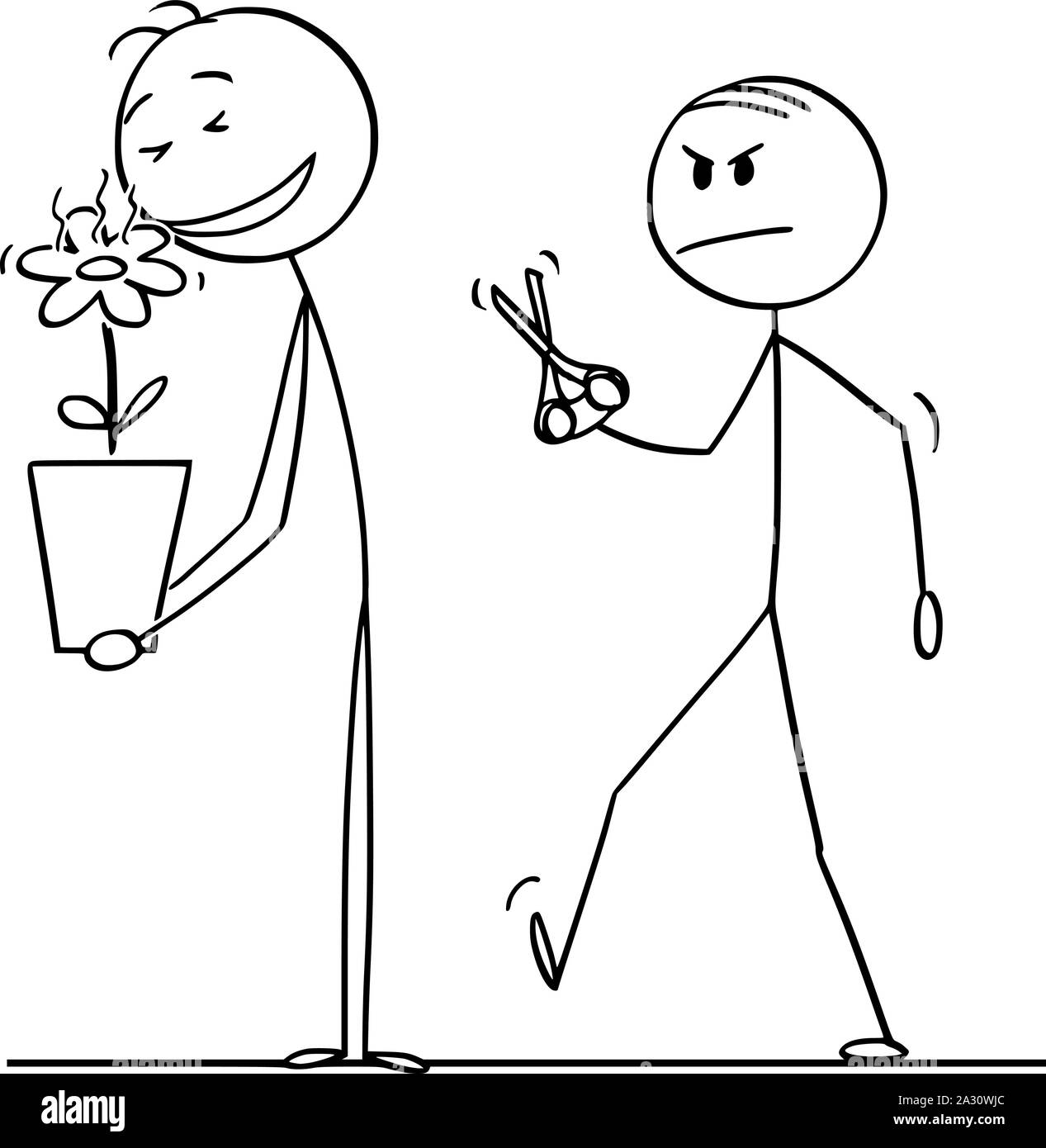 Vector cartoon stick figure dessin illustration conceptuelle de l'homme jouissant d'une odeur de fleur magnifique plante en pot, les envieux collègue va à l'aide de ciseaux. Illustration de Vecteur