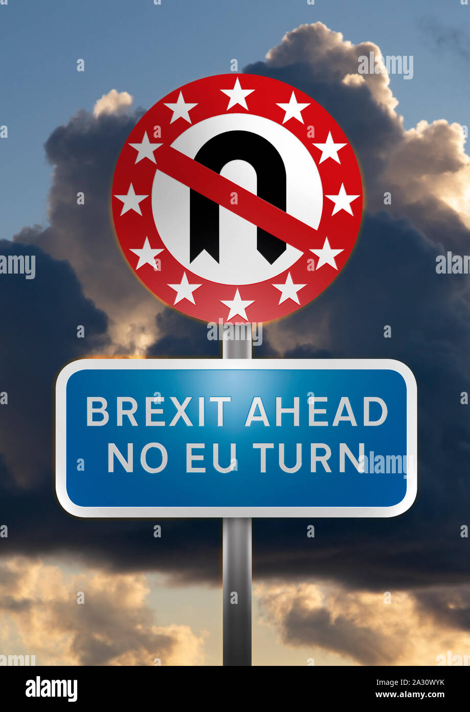 Un panneau routier avec un demi-tour pas de symbole dans un cercle de douze étoiles d'or contre la colère du ciel avec les mots 'Brexit Aead aucun tour de l'UE' Banque D'Images
