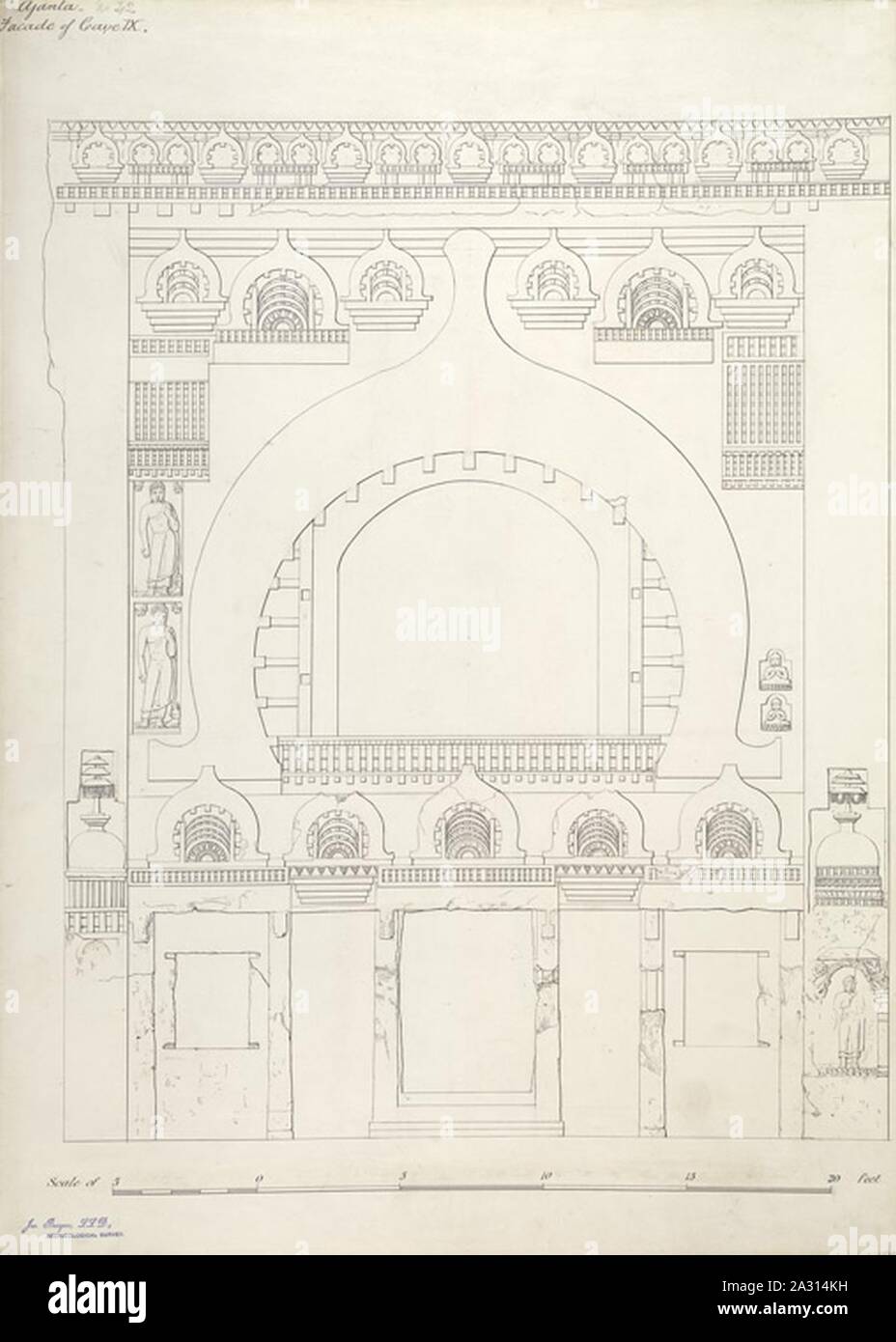 Façade d'entrée de grottes d'Ajanta, Maharashtra, Inde 9 1878 croquis. Banque D'Images