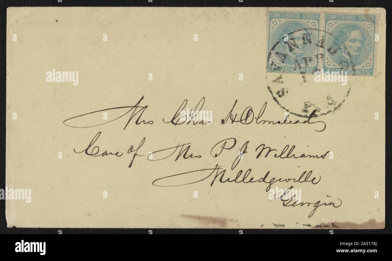 Enveloppe adressée à Mme Chas. H. Olmstead, soin de Mme P. J. Williams, Milledgeville, cachet de la Géorgie ; Savannah Banque D'Images