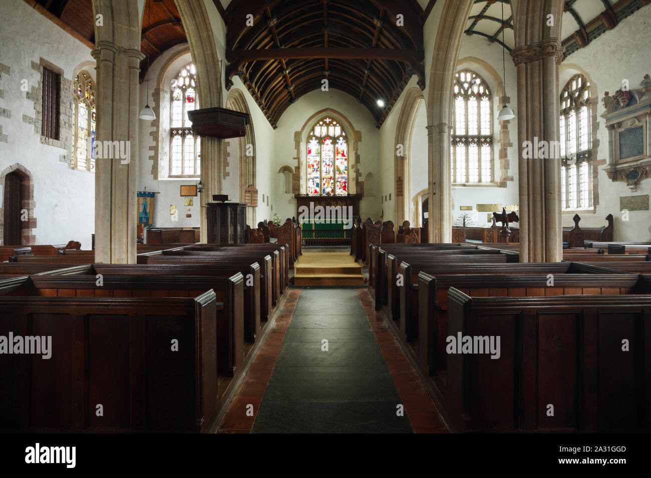 Église de Tous les Saints. L'intérieur. Selworthy. Parc National d'Exmoor. Le Somerset. UK. Banque D'Images