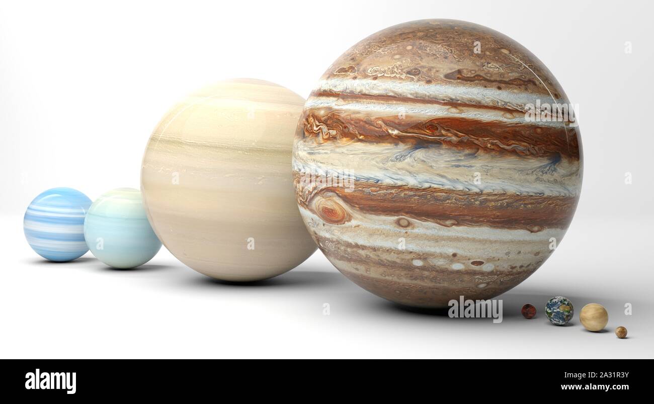 Taille réelle comparaison planète fond blanc Banque D'Images