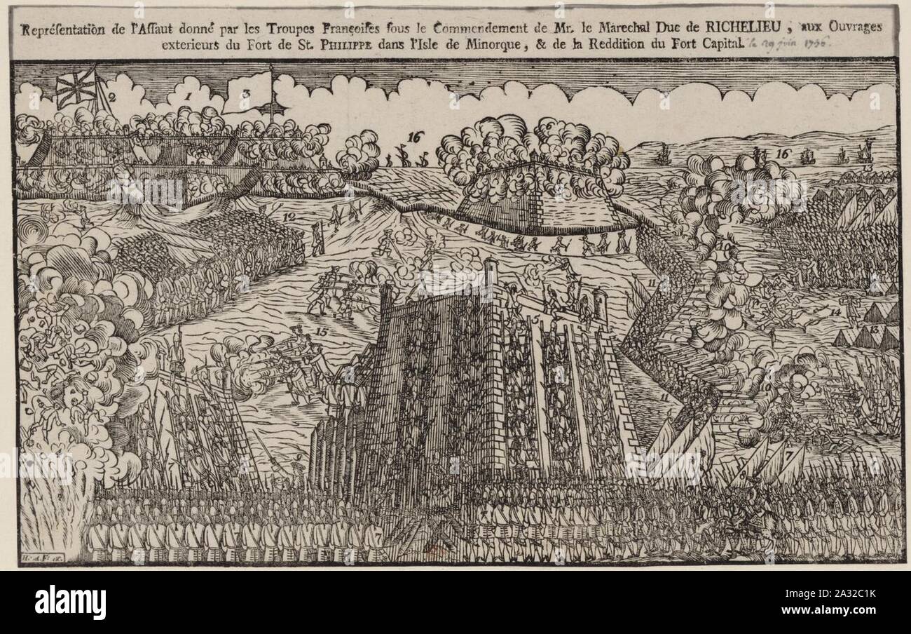 Estampe du siège de Fort Saint Philippe en 1756. Banque D'Images