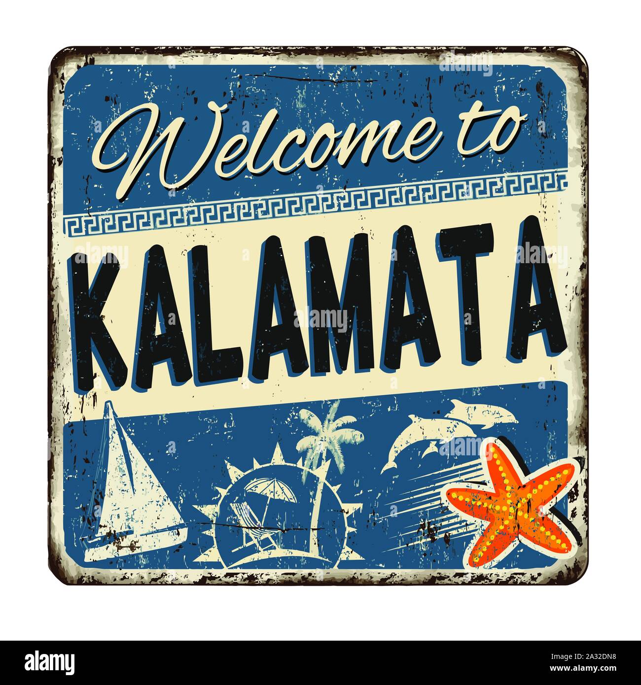 Bienvenue à Kalamata vintage métal rouillé signe sur un fond blanc, vector illustration Illustration de Vecteur