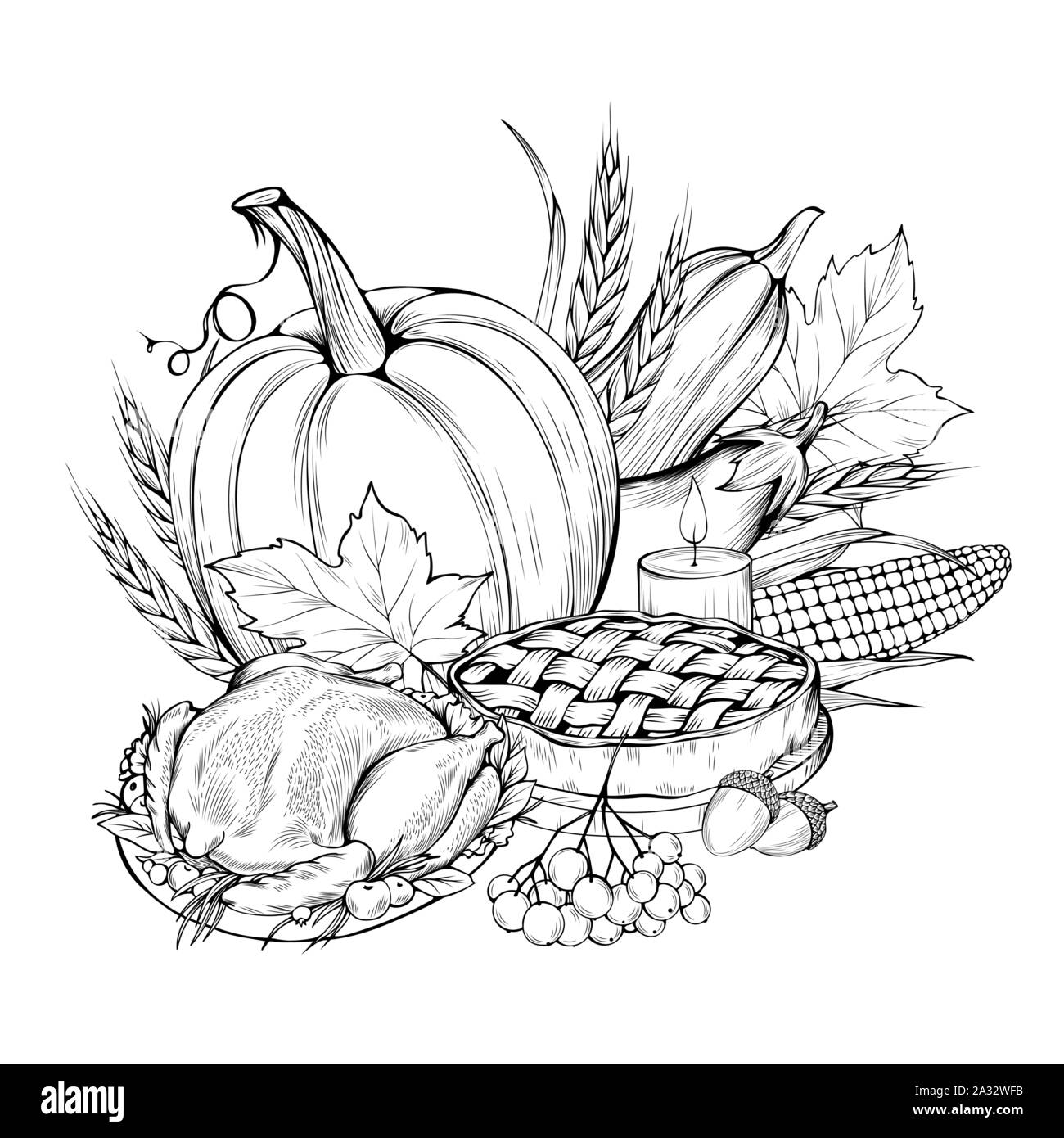 L'alimentation de l'action de l'illustration vectorielle dessiné à la main. Saison d'automne, novembre vacances d'esquisser des symboles. Produits naturels et des plats traditionnels. Les légumes bio, poulet et pie dessin monochrome Illustration de Vecteur