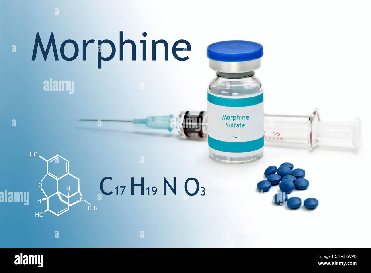 Flacon avec seringue de morphine et de morphine comprimés sur fond blanc. Banque D'Images