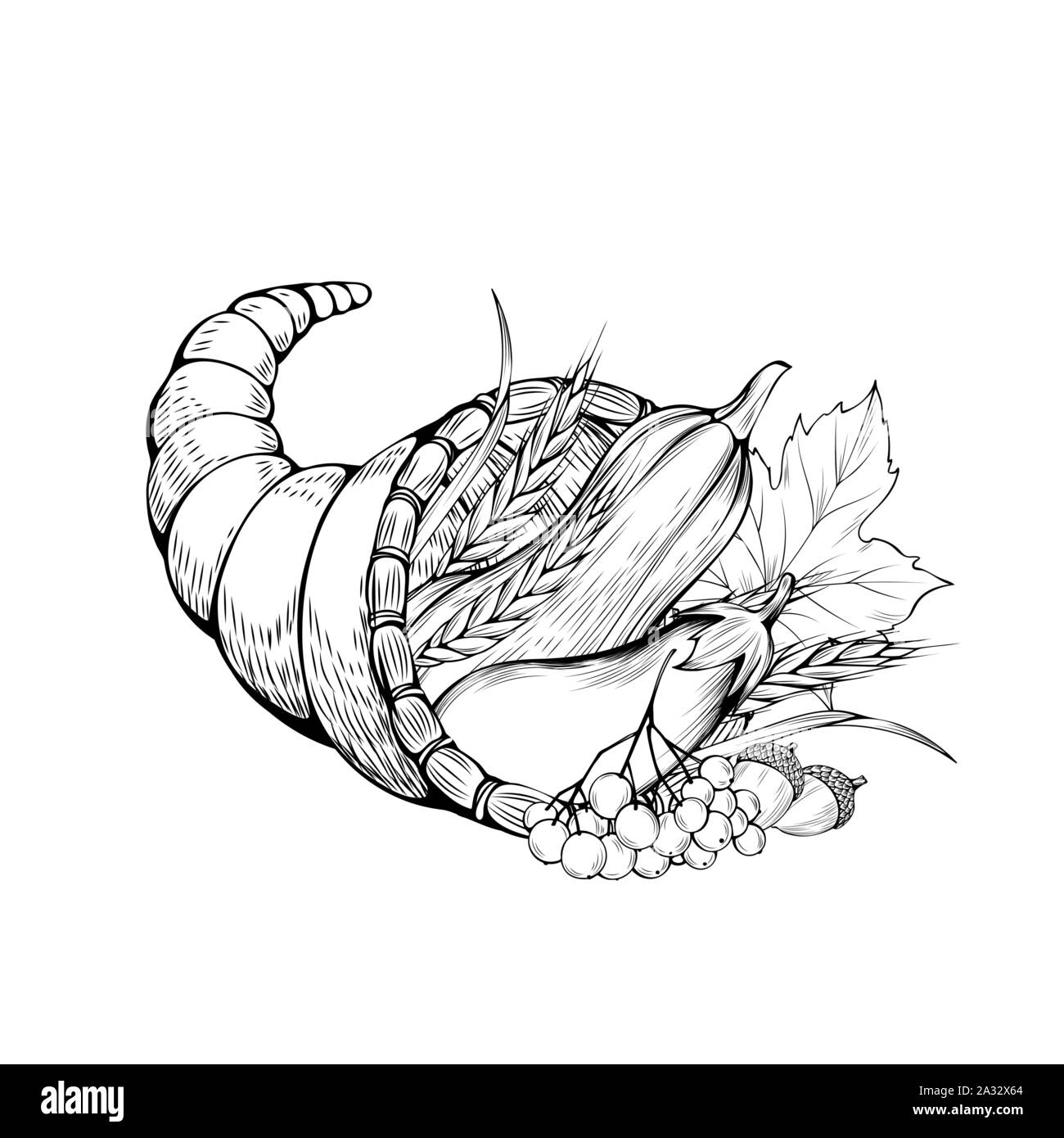 Panier de légumes hand drawn vector illustration. La récolte de l'automne, les grandes lignes de l'action de symbole. Wicker pottle avec dessin monochrome des aliments à la ferme. Courge naturelle, l'aubergine, le raisin et le blé Illustration de Vecteur